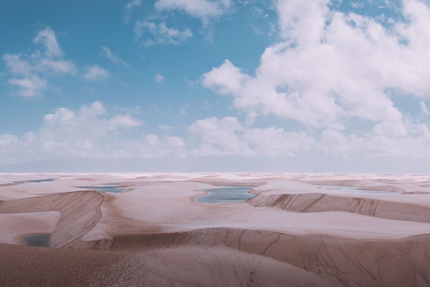 Desert landscape with rolling sand dunes stretching to the horizon under puffy white clouds in Lençois desert in Brazil.