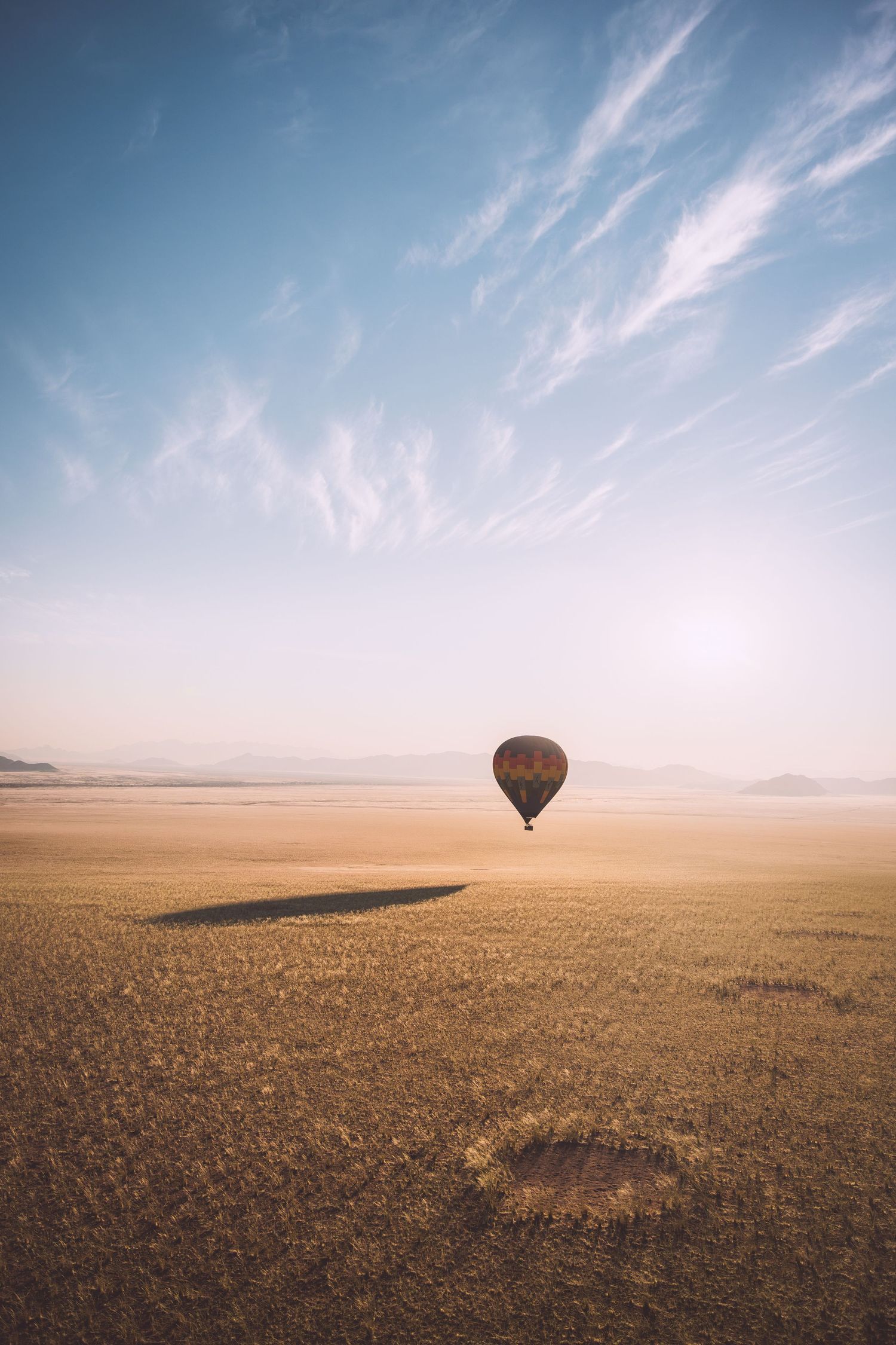 A lone hot air balloon floats over a vast golden desert plain under a soft blue sky with wispy clouds.