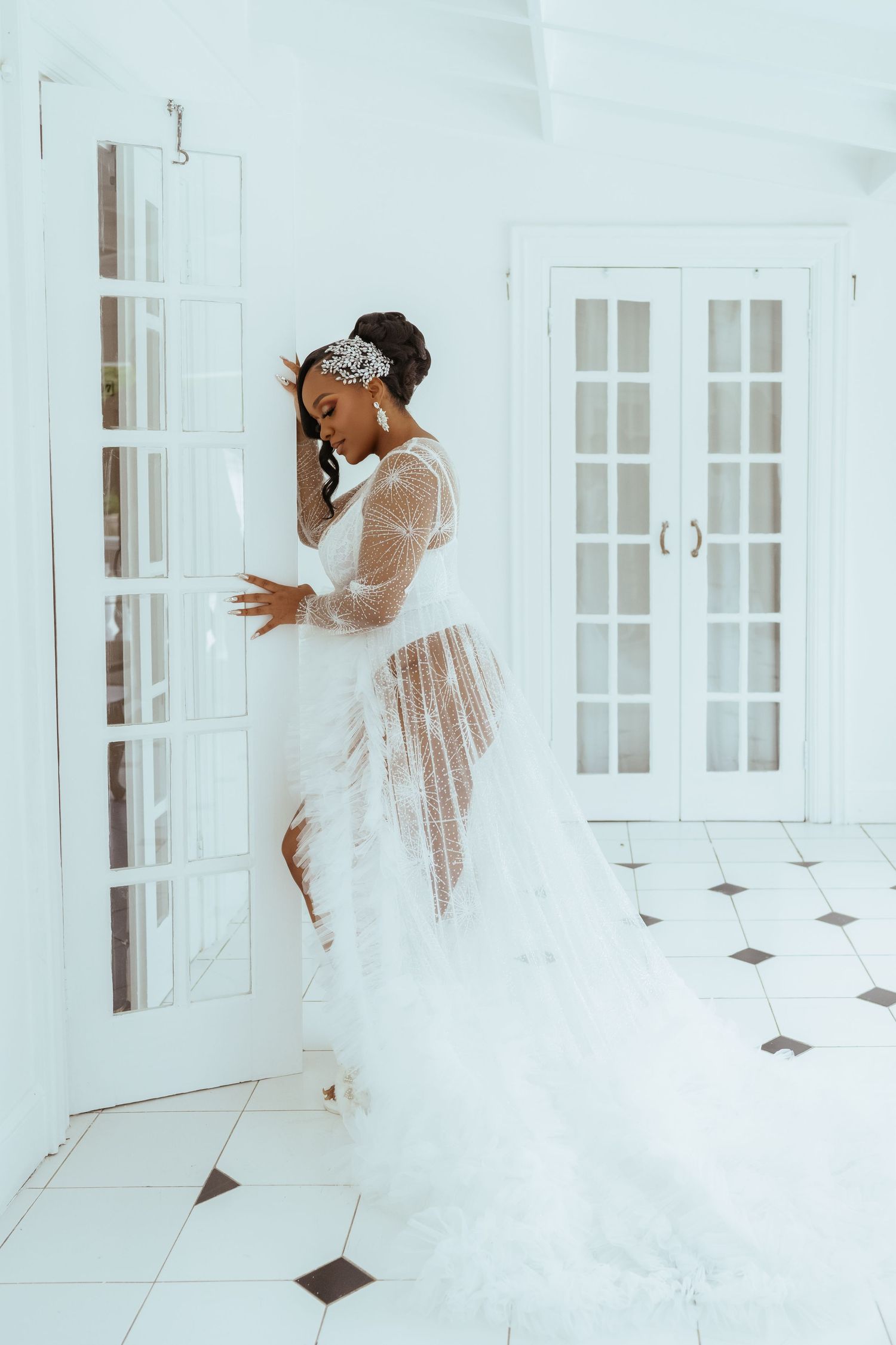 A series of artistic bridal portraits in a bright white interior space with elegant windows and geometric floor tiles.
