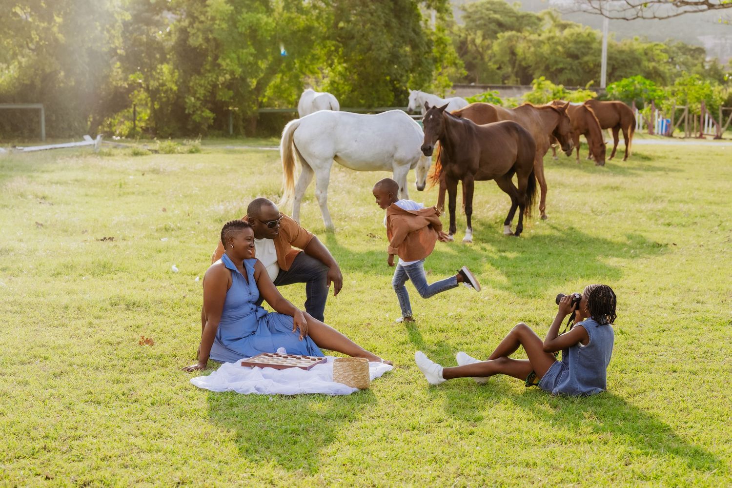 Family enjoying picnic on grass with horses grazing in background.