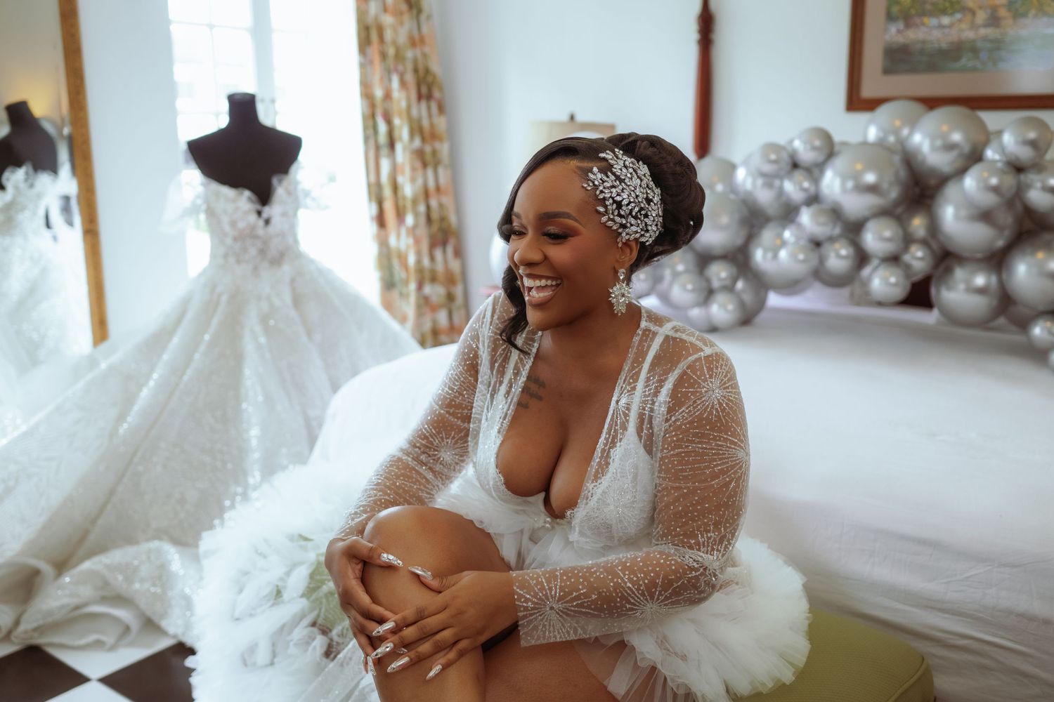 A collection of wedding dress fitting moments showing gowns and accessories in a bridal boutique.