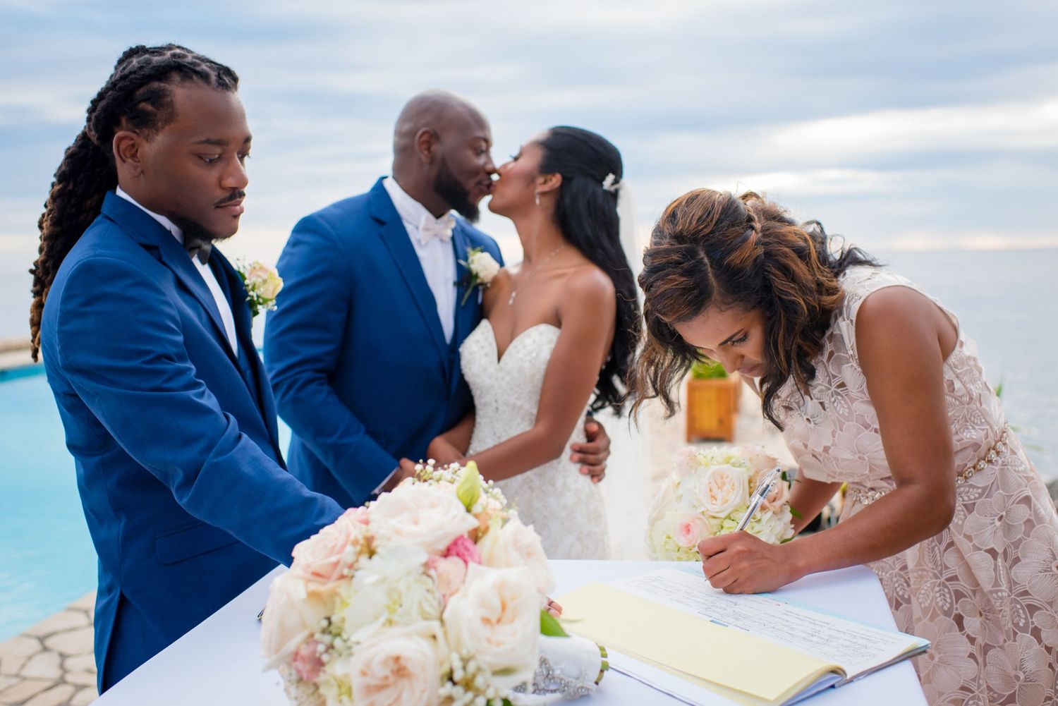 Joyful moments captured during a beachfront wedding celebration.