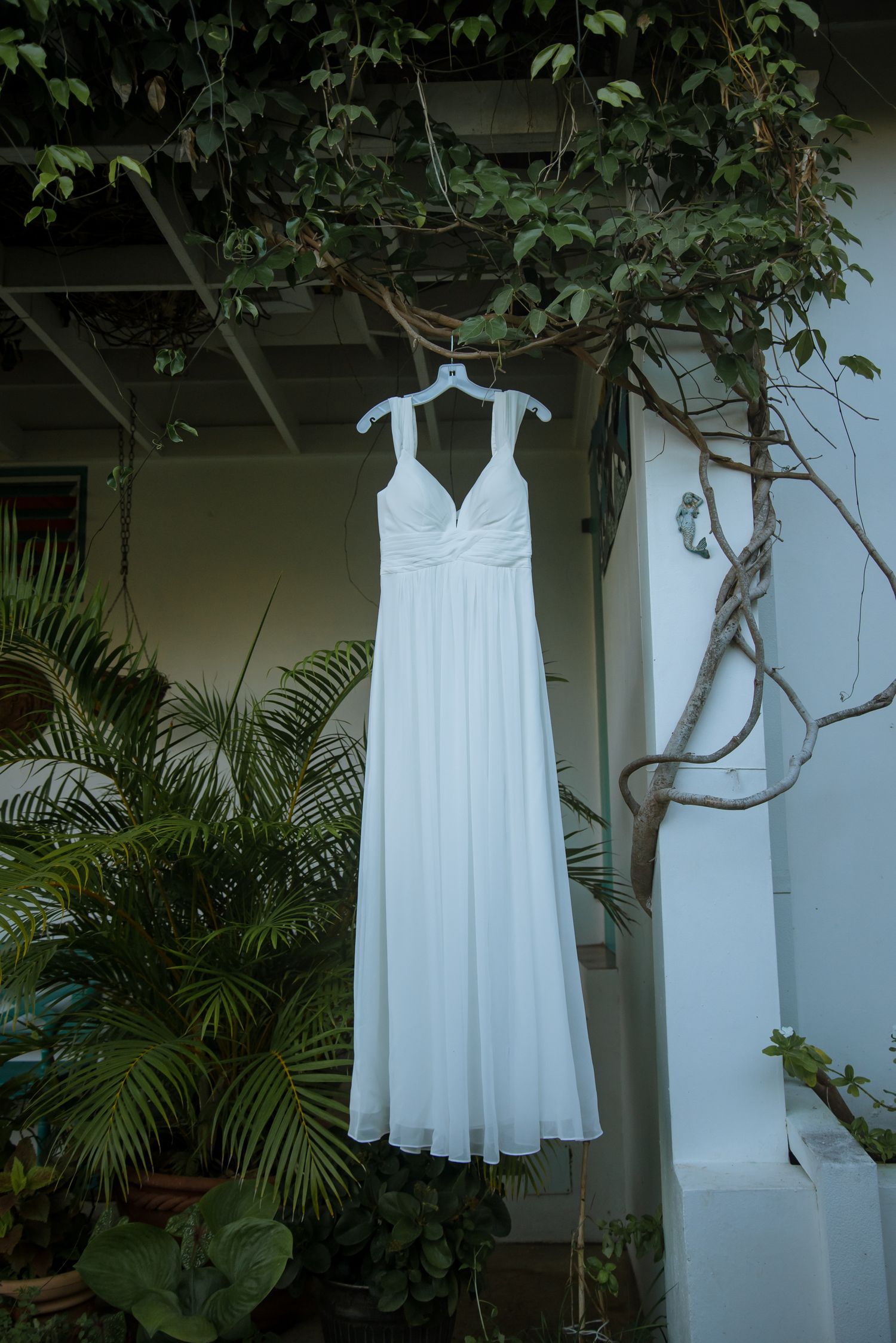 White wedding dresses hanging outdoors against white wall with green vines and tropical plants.
