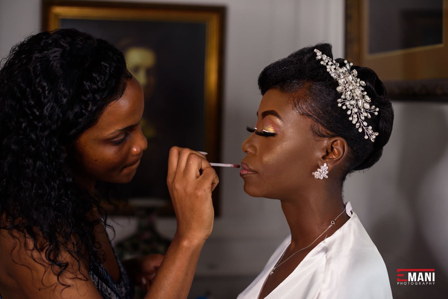 A bridal preparation scene shows final touches being applied in an elegant indoor setting.