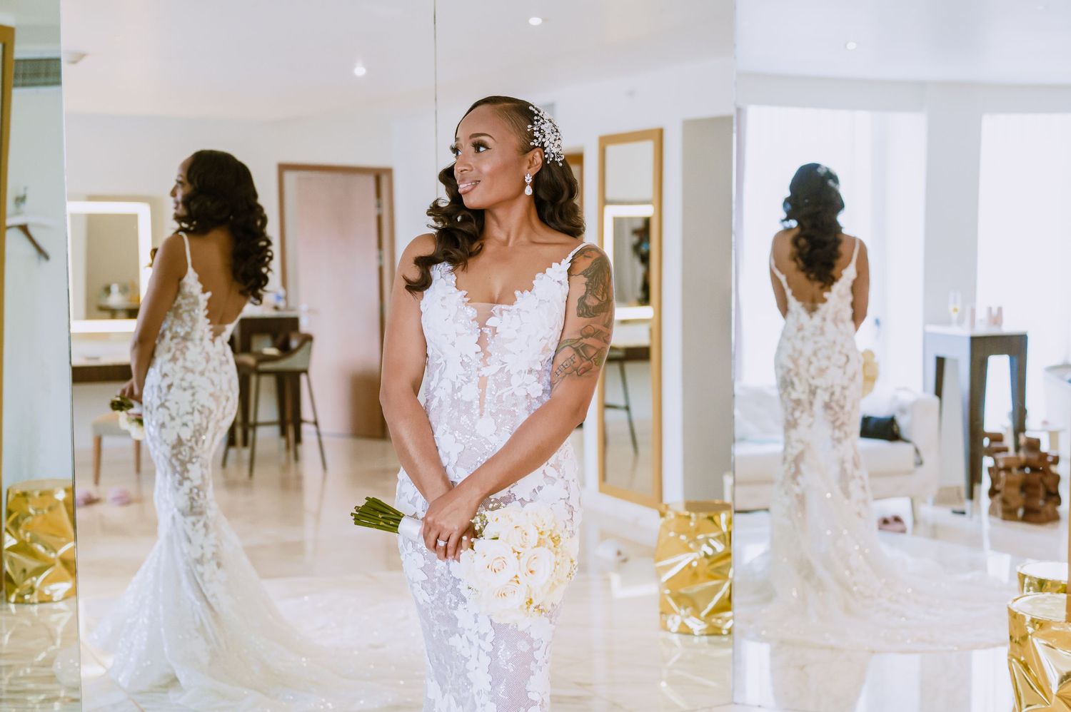 A detailed collage of a wedding dress featuring delicate lace details and a white bouquet.