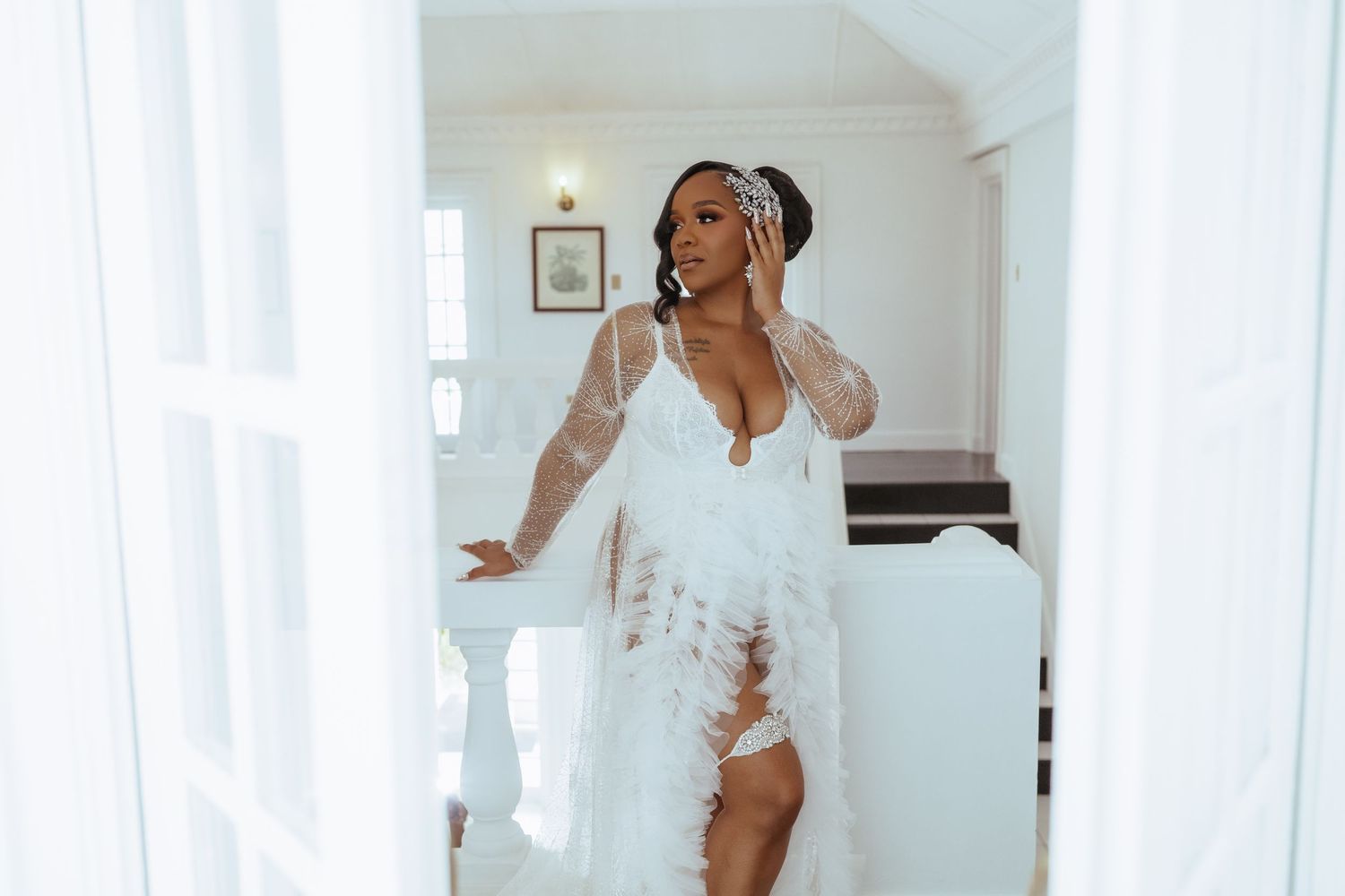 A collection of candid wedding preparation photos showing someone in a white dress against bright windows.