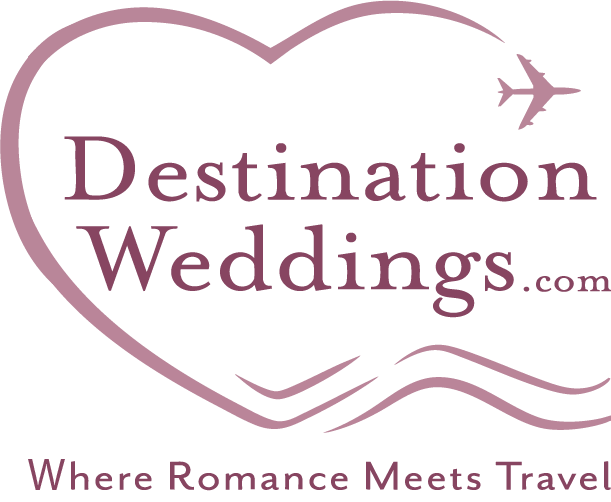 Destination Weddings logo with hearts and airplane icon in pink featuring the tagline Where Romance Meets Travel.