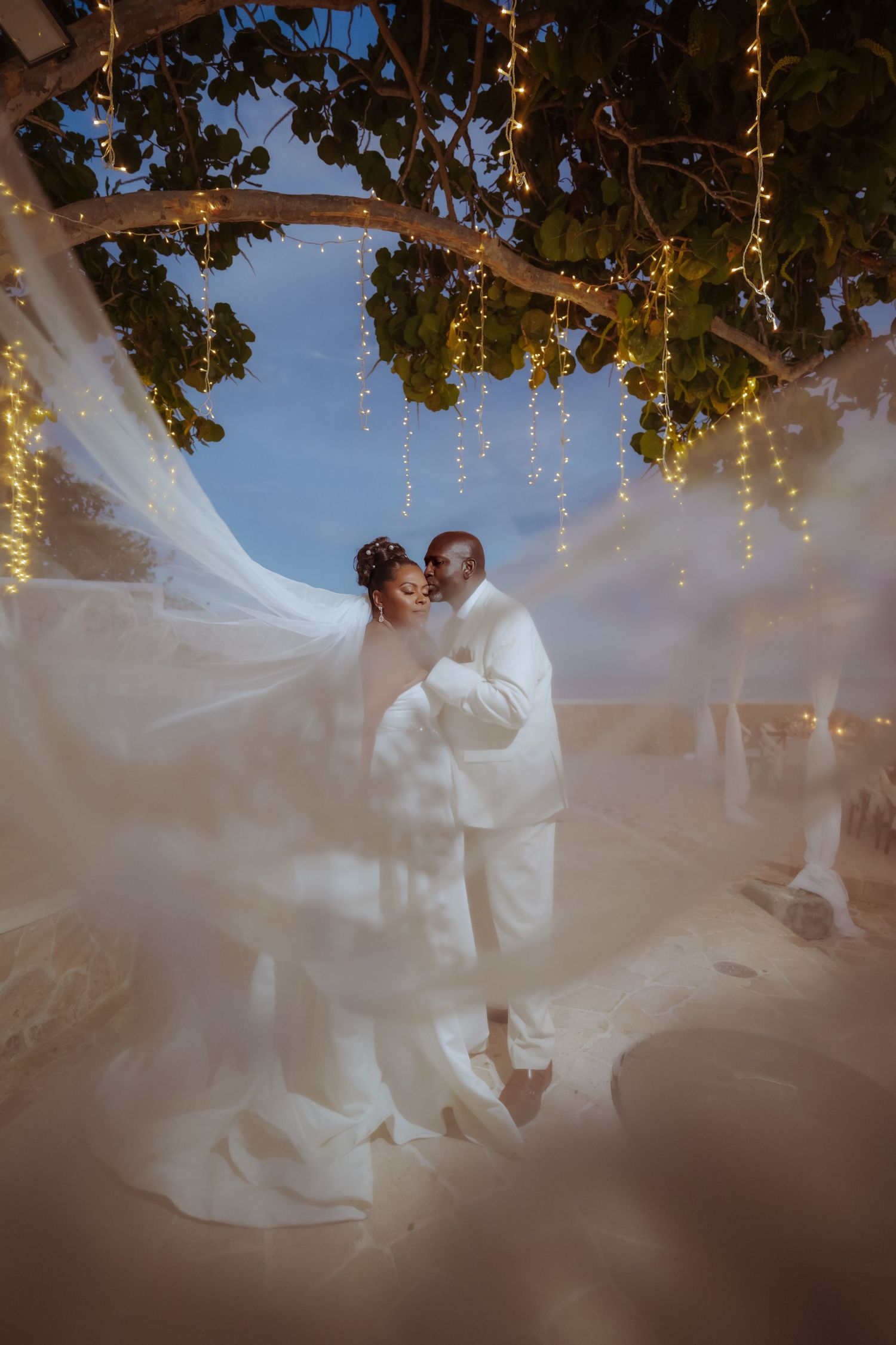 Dreamy wedding photos with fairy lights and flowing veil creating magical evening atmosphere.