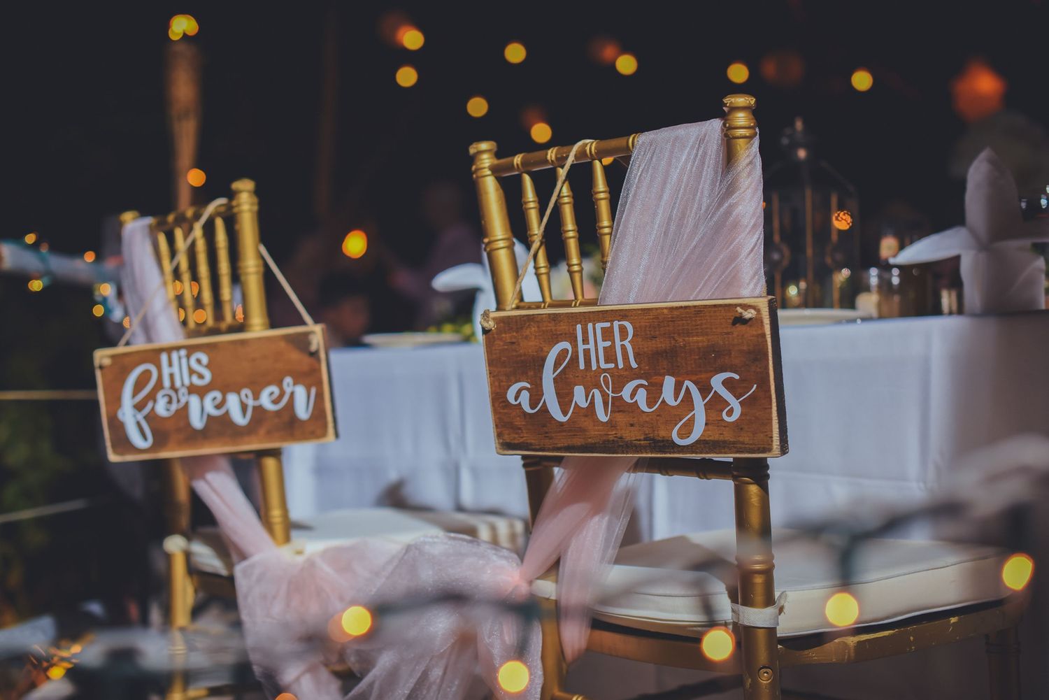 Elegant wedding table settings with Mr and Mrs signs and decorative lanterns.