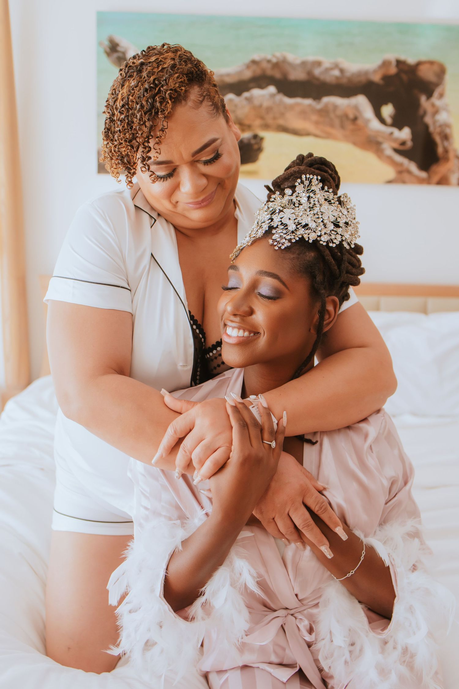 Intimate pre-wedding moments captured in warm tones with bridal party.