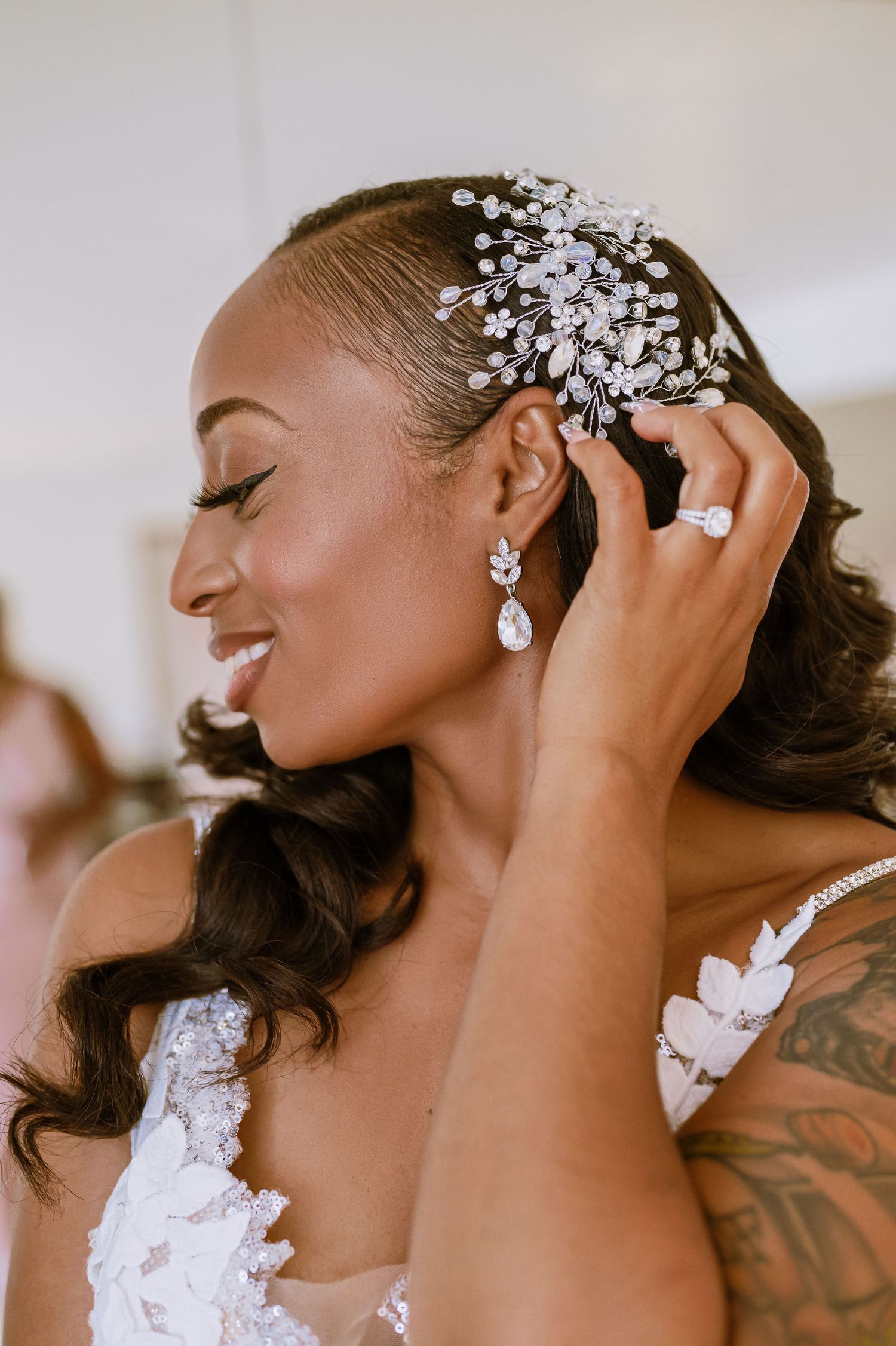 Elegant bridal hair accessories with crystal details and pearl embellishments.