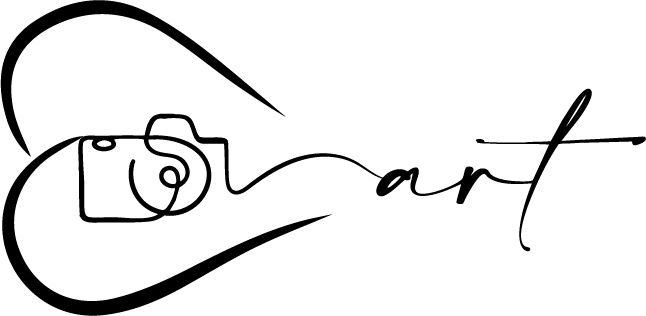 Minimalist logo design featuring a camera shape with cursive 'art' text in black and white.