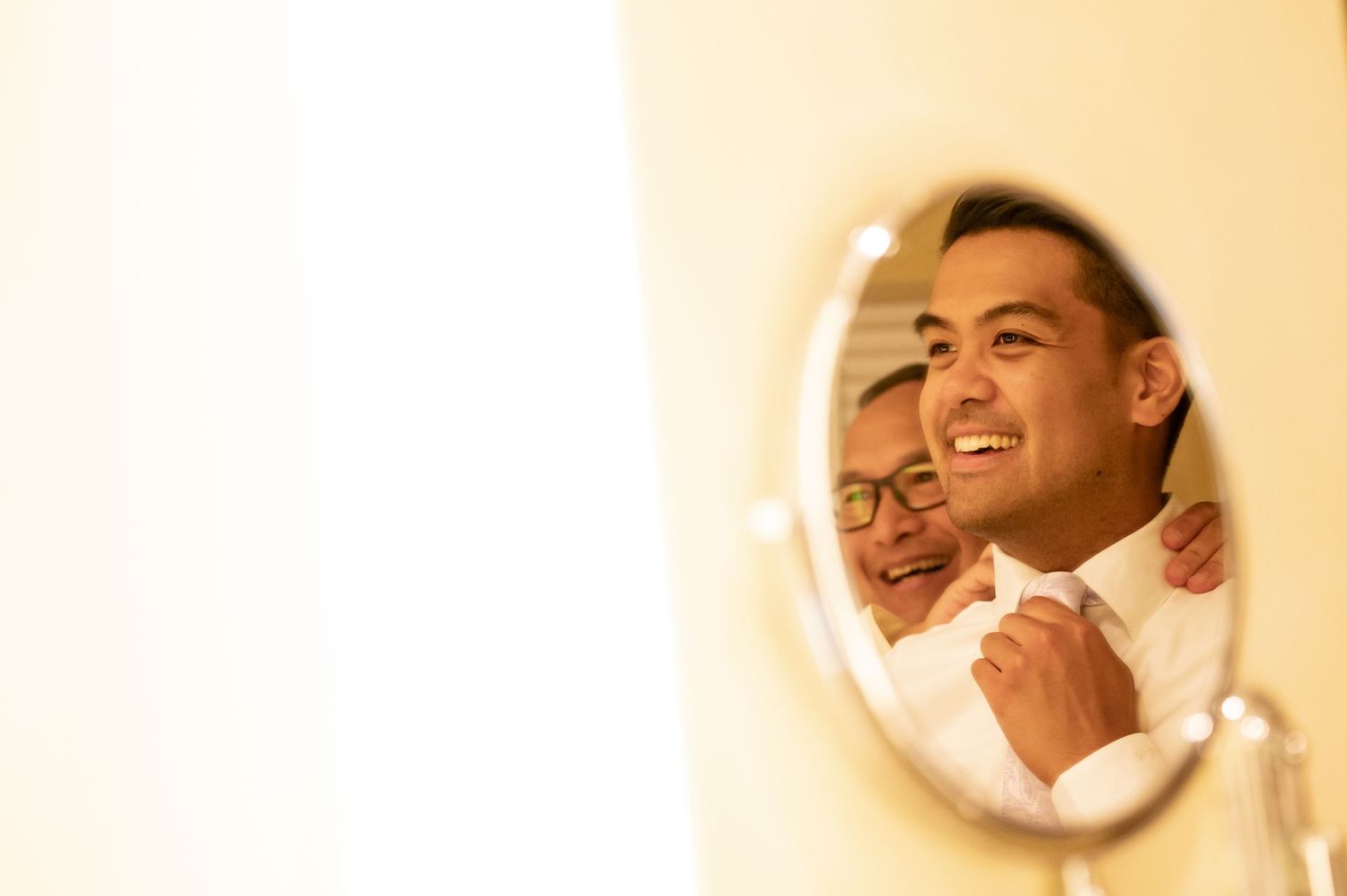 Series of mirror reflections showing wedding day preparations.