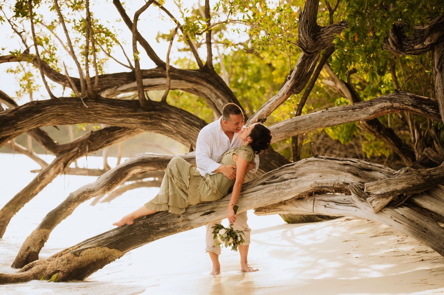 Couple embracing on a fallen tree trunk at beach during sunset.