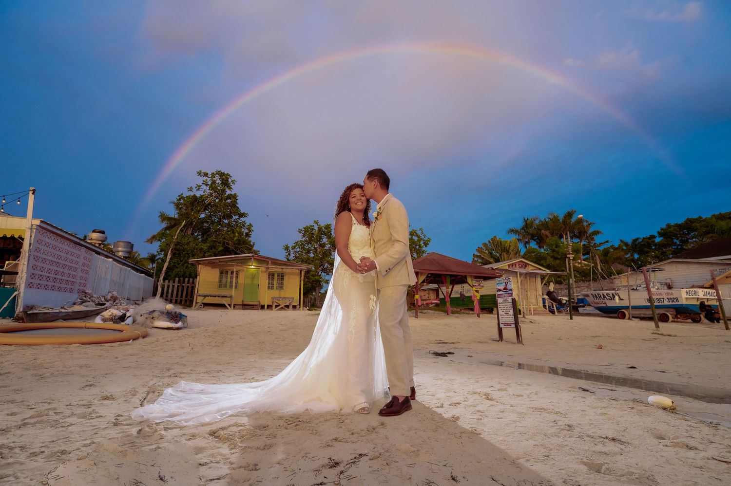 A panoramic series of wedding photos taken at sunset on a beach with palm trees and golden lighting.