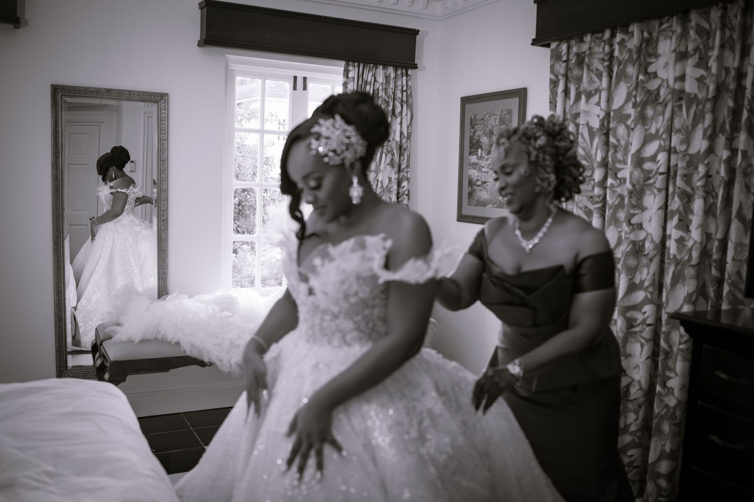 Black and white photos show emotional moments during a wedding getting ready sequence.