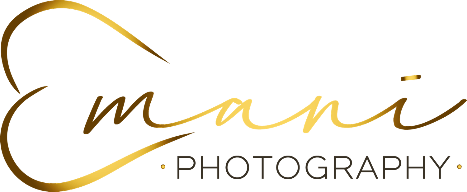 A golden decorative logo design for Mani Photography features elegant cursive text and flourishing calligraphic elements.