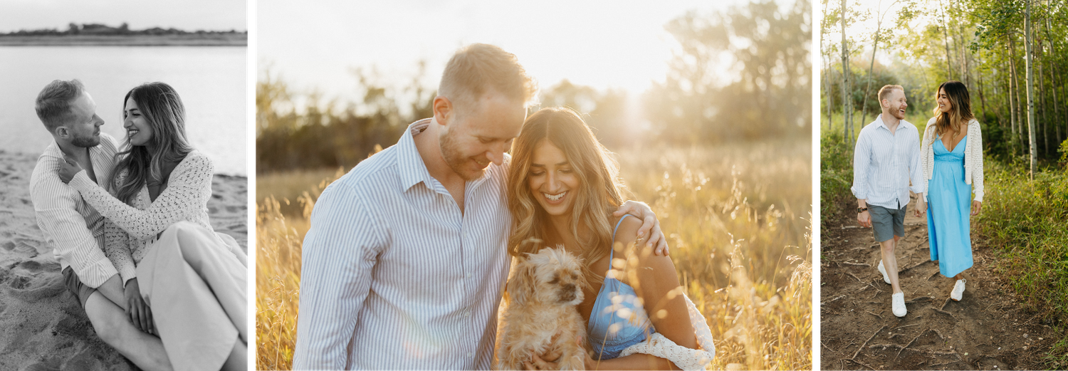 Triptych of romantic moments captured in sunlit fields and natural settings.