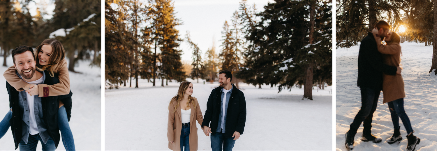 Winter engagement photo series featuring couples in snowy forest settings.