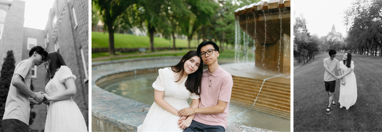 Collection of black and white romantic portraits in urban and park settings.