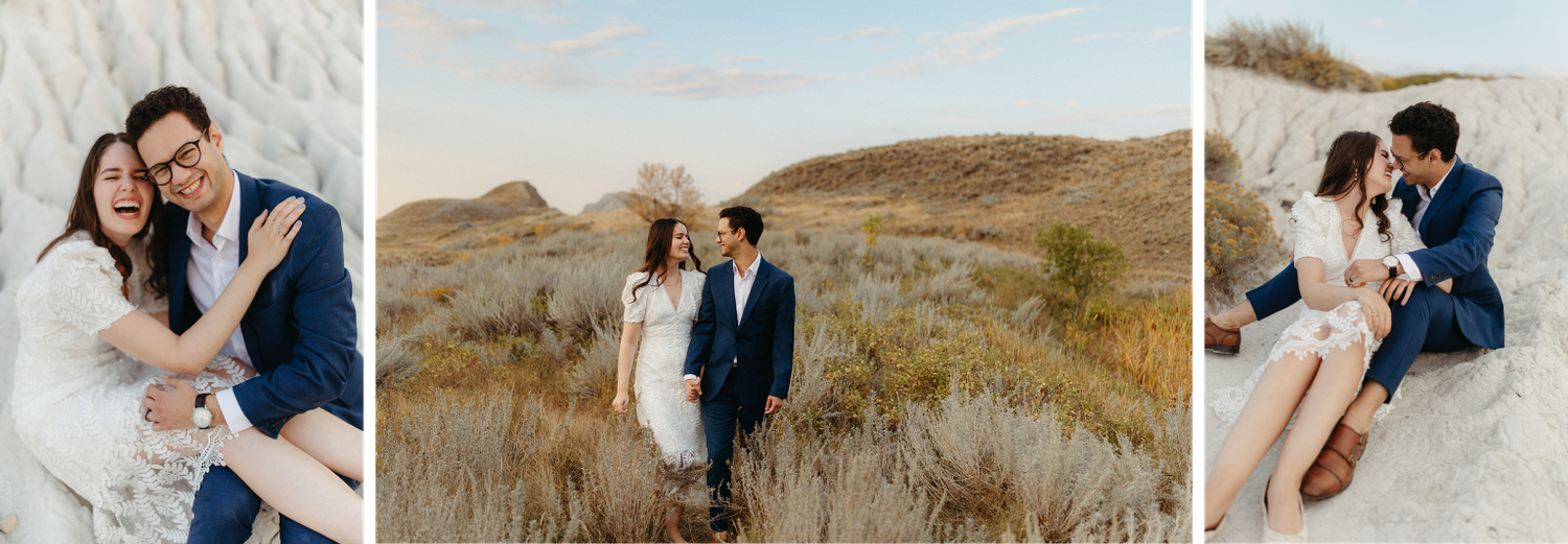 Three intimate photos of a couple in formal attire against a scenic beige desert landscape.