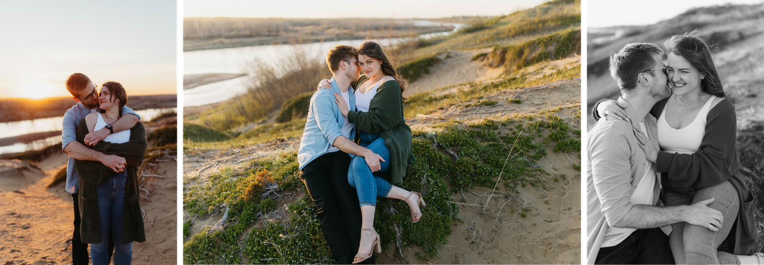 Series of romantic coastal portraits at sunset and various outdoor locations.