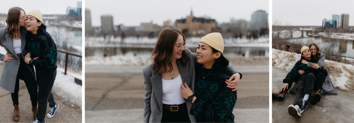A series of three romantic urban photos captured near waters with winter cityscapes in the background.