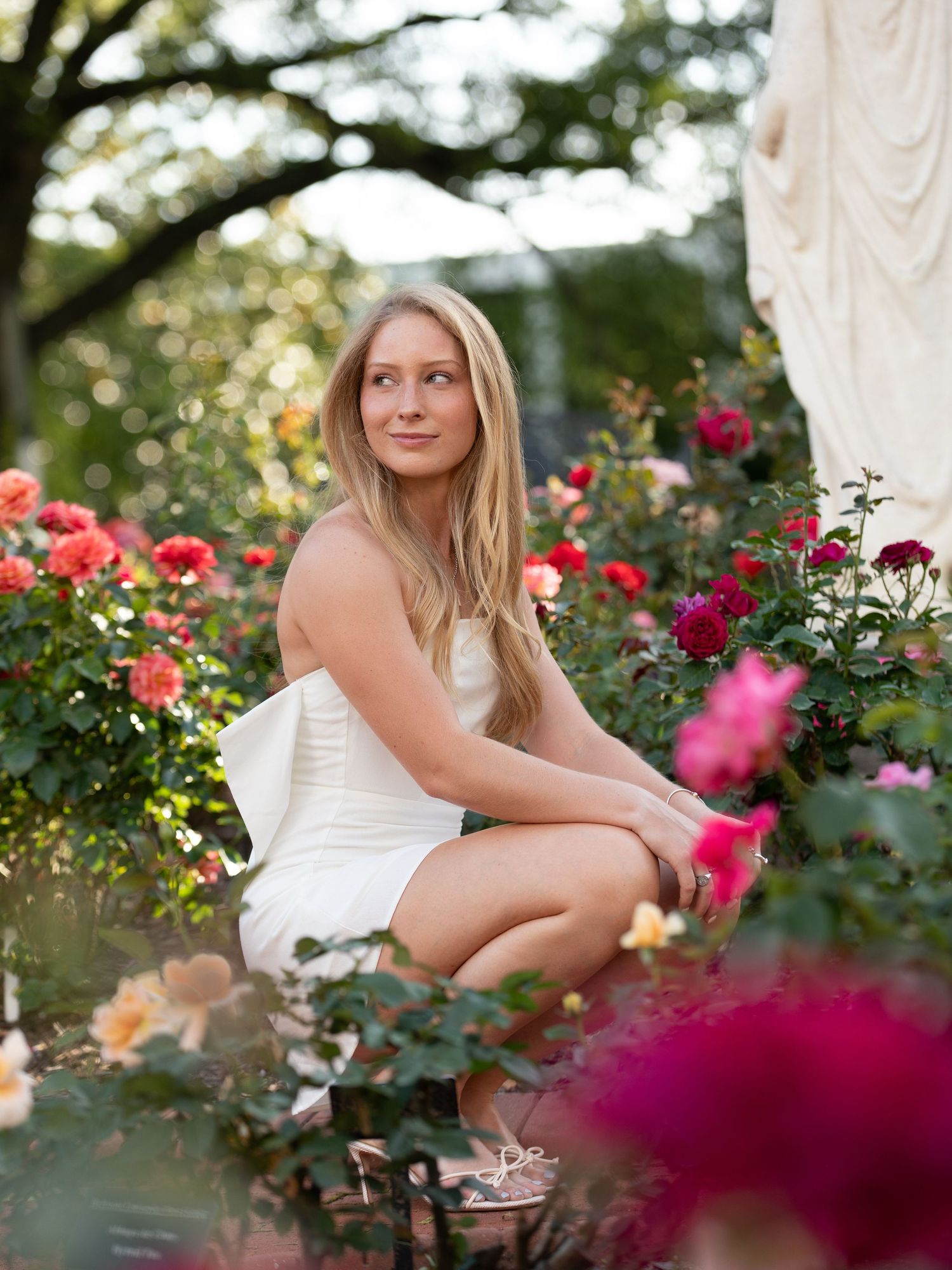 Artistic portrait among blooming red roses in garden setting.
