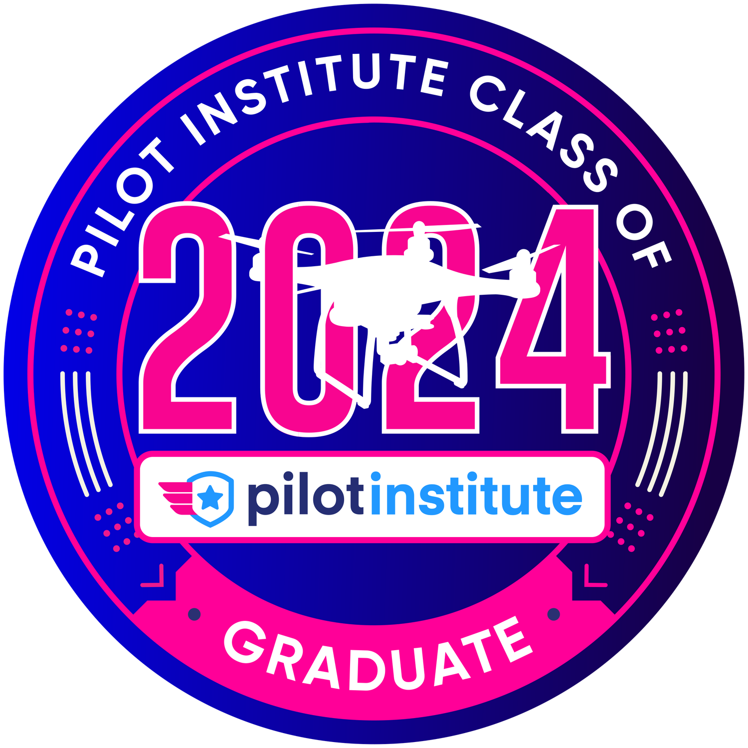 A series of blue and pink oval-shaped pilot institute badges showing graduation years from different classes.