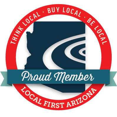 Local First Arizona member badge logos in red and navy blue colors arranged in a horizontal row.