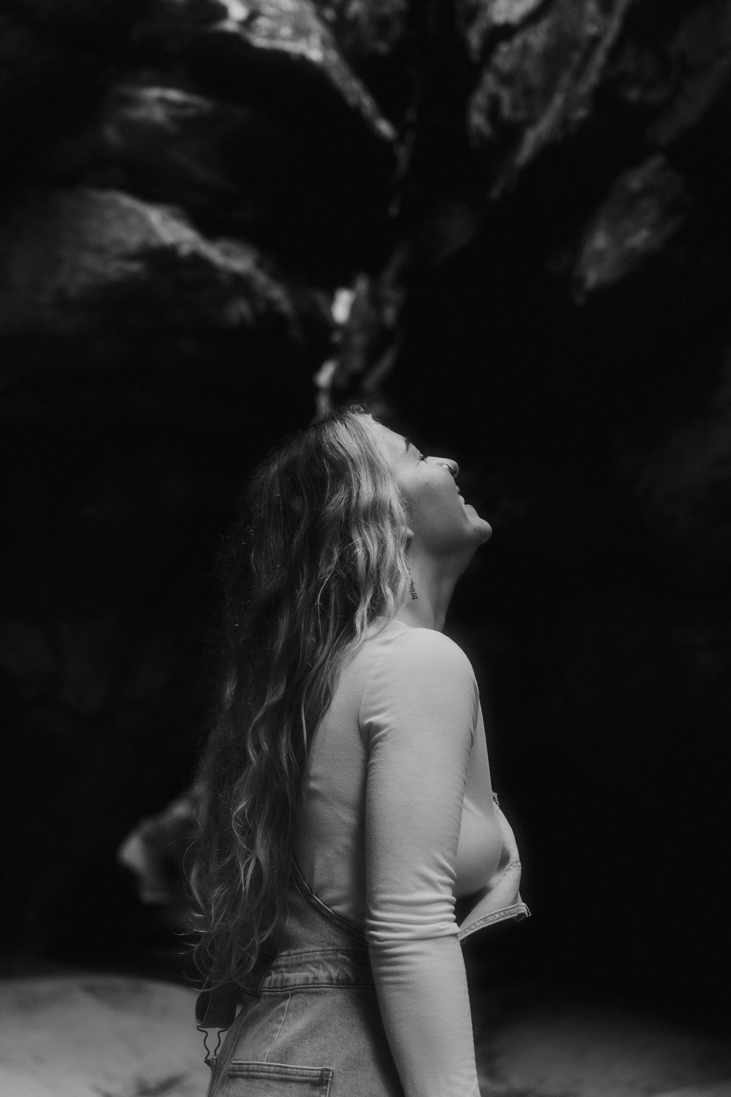 Black and white side profile of a woman with long curly hair gazing upward near dark rocks.