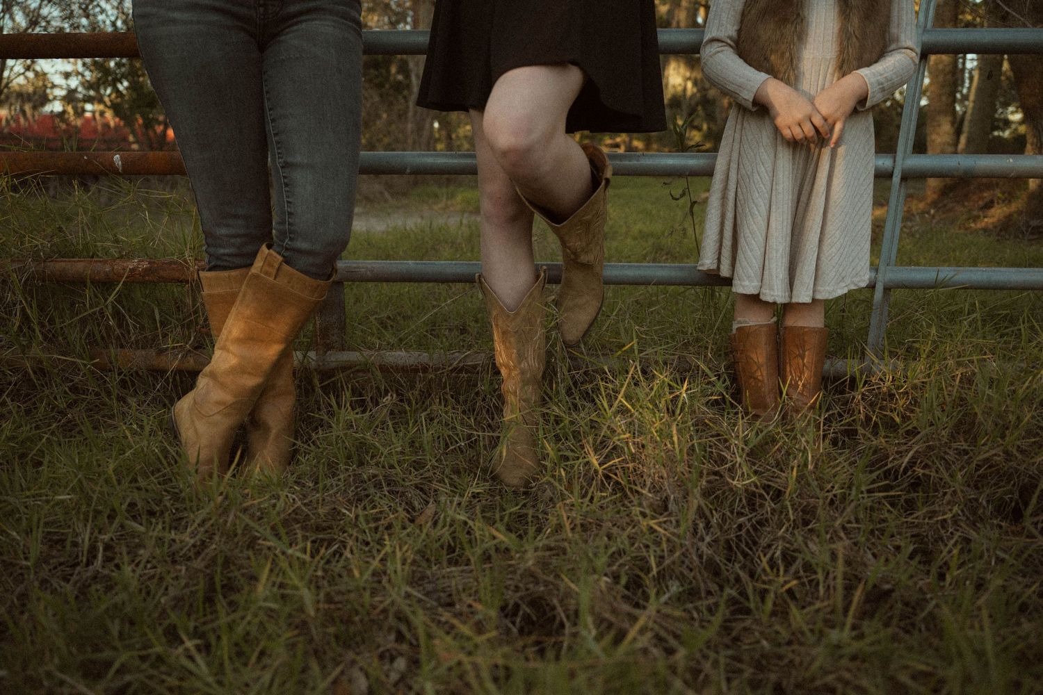 Three pairs of brown leather boots standing in tall grass at sunset, showcasing rustic country style.