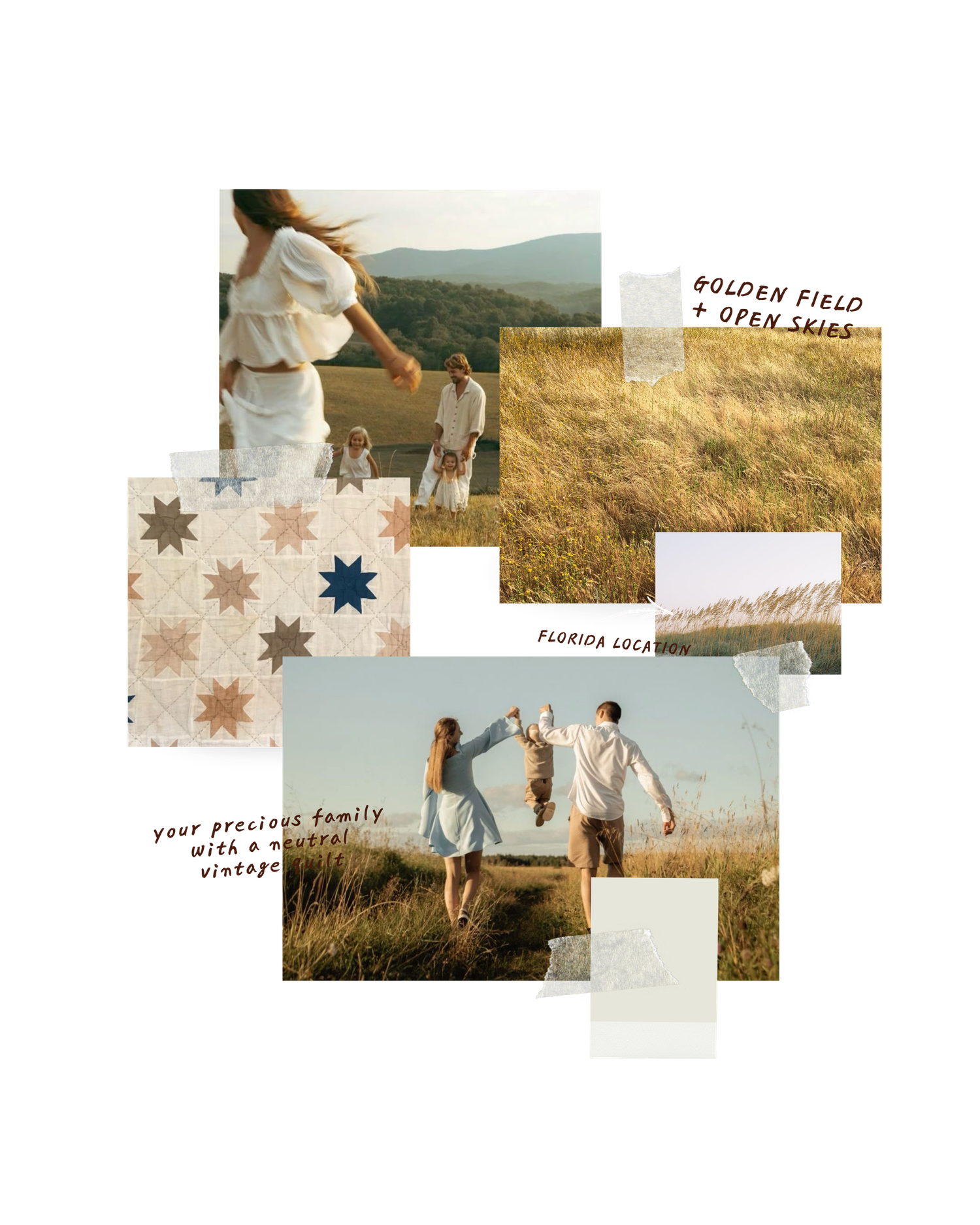 A neutral vintage family photo collage featuring golden fields, open skies, and warm tones with a Florida location theme.