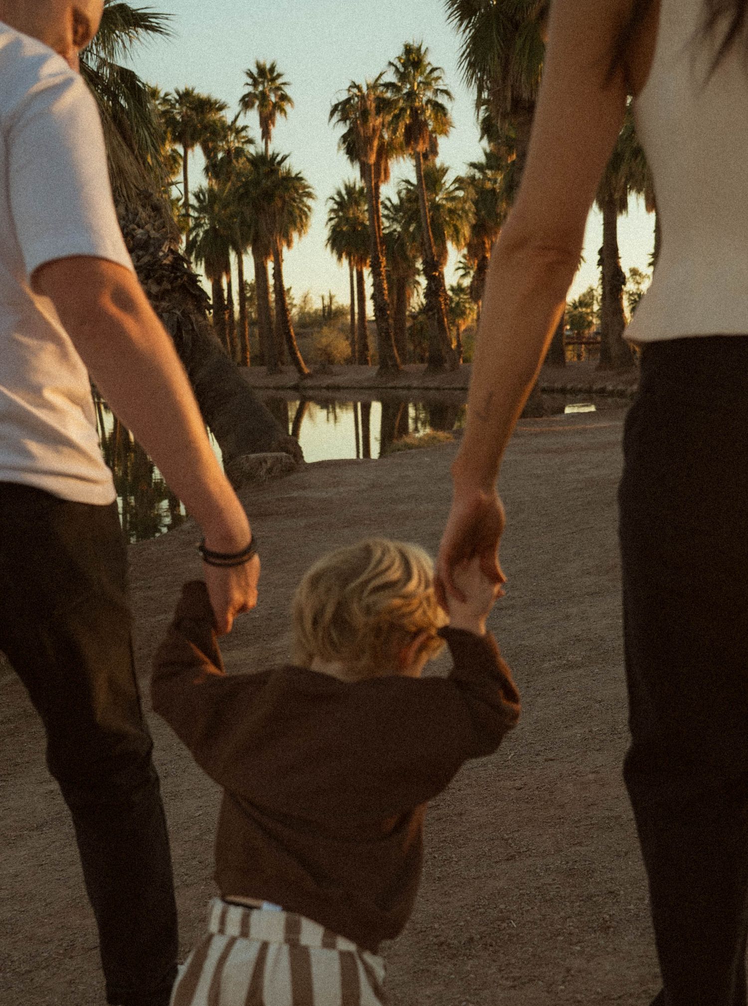 family walking near palm trees during their papago park session in phoenix arizona