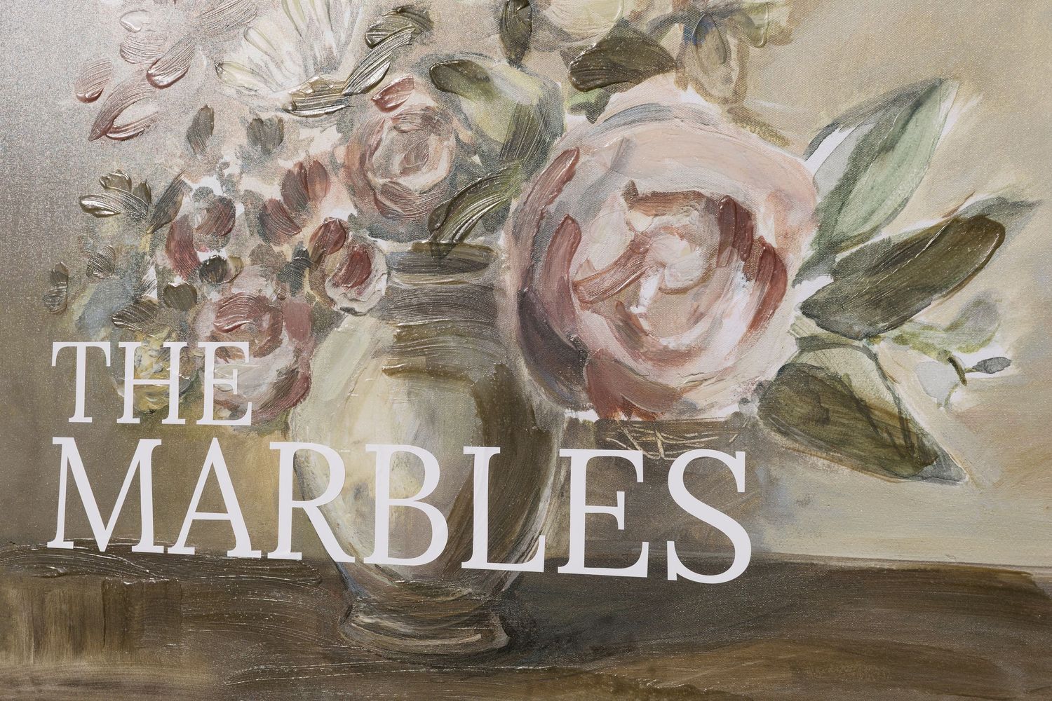 Vintage floral artwork with soft pink roses and delicate petals against a neutral background.