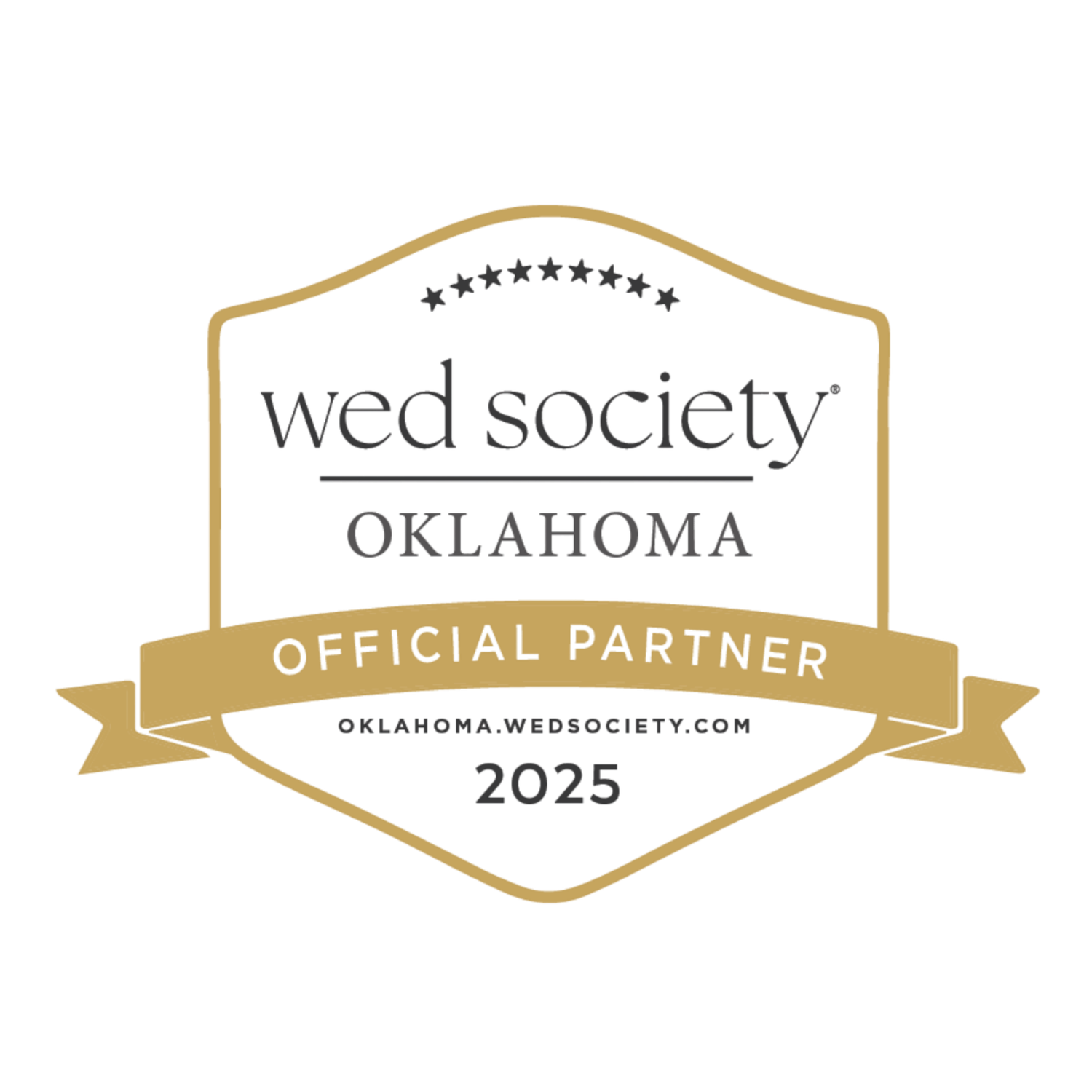 Gold and white wedding society badges and logos for Oklahoma with decorative borders and stars.