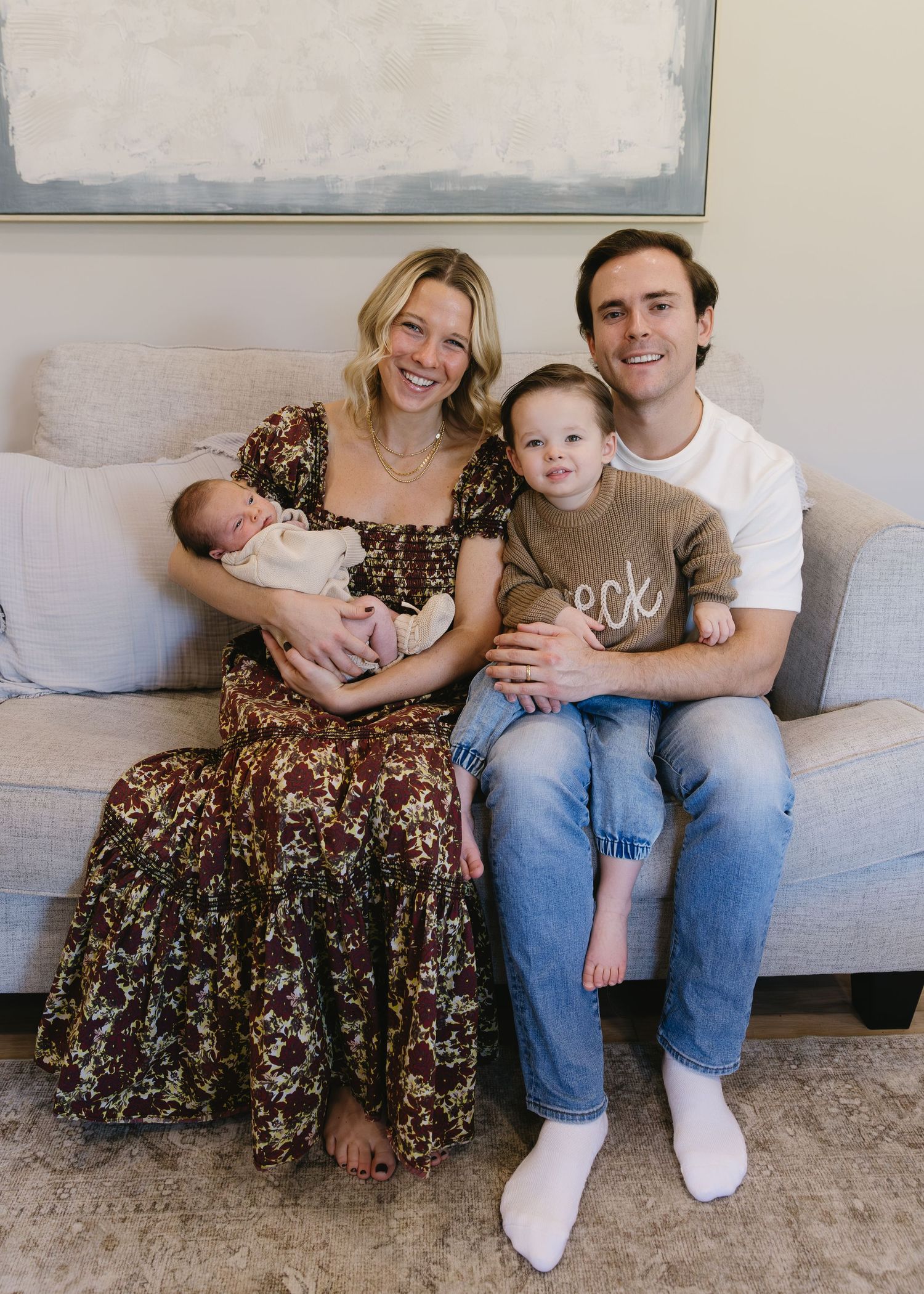 Family sitting together on a gray couch wearing casual clothing in a series of candid shots.