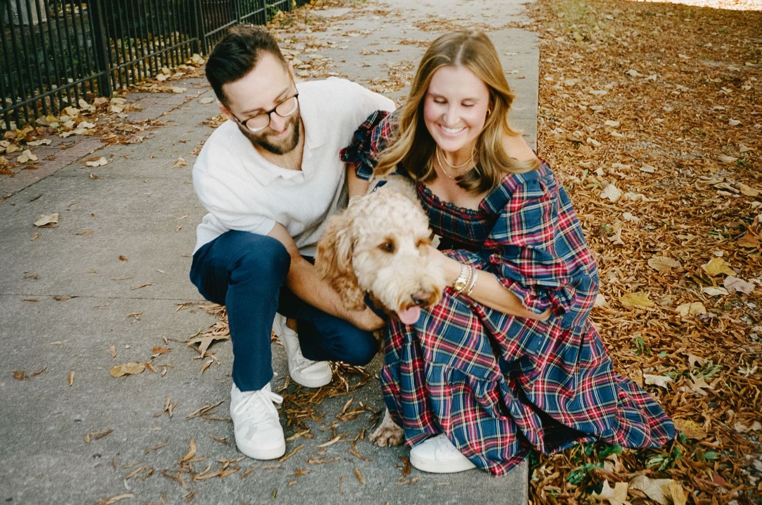 A couple sits on autumn leaves with their brown dog while taking engagement photos in a park setting.