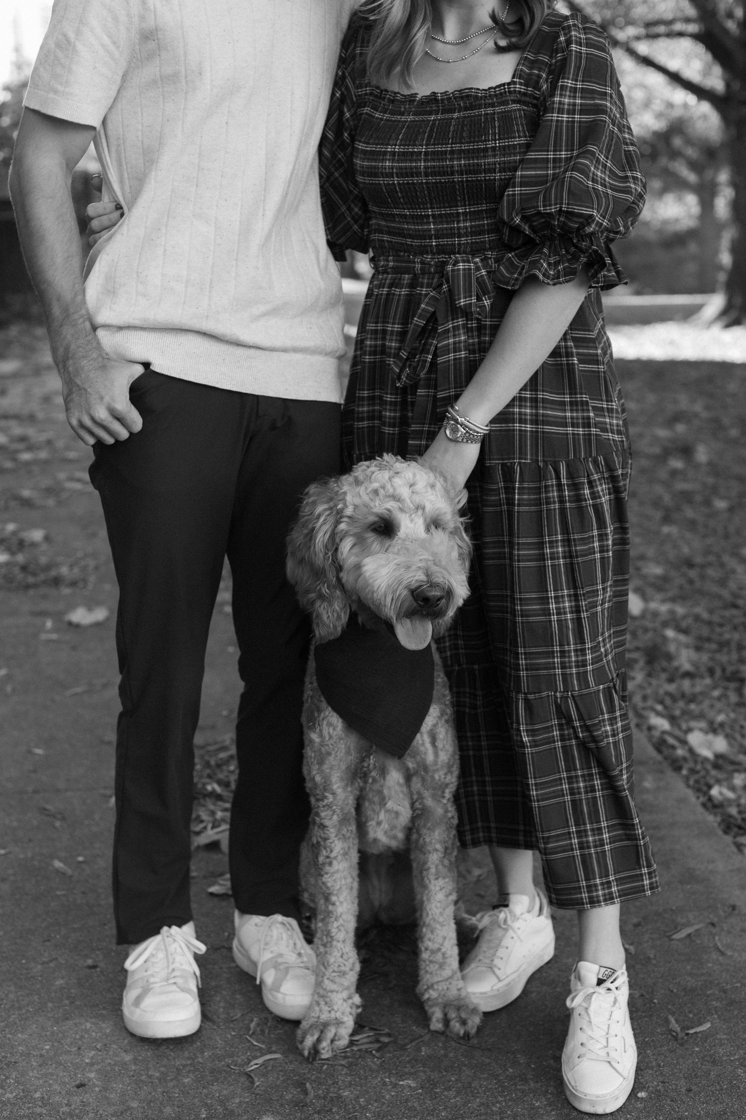 A fluffy goldendoodle stands between two people wearing casual attire during a fall photo session.