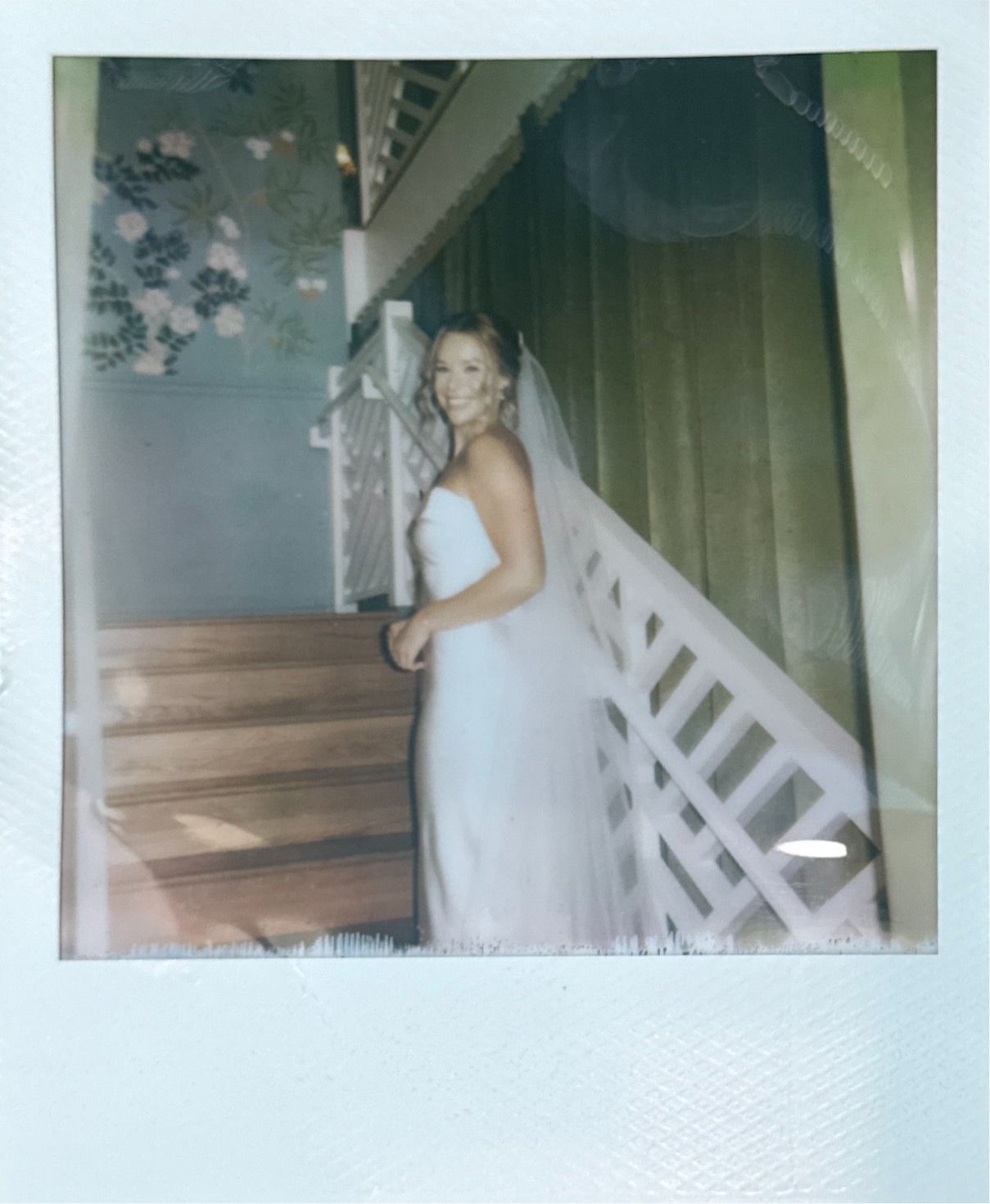 Three vintage style instant photos showing a person in a white dress on porch steps and railing.