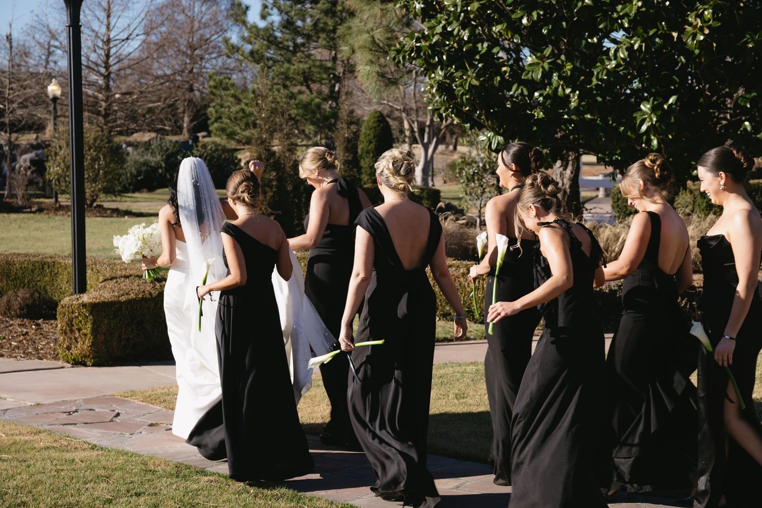 Wedding party in black dresses poses in a line outdoors with sunlight filtering through trees.