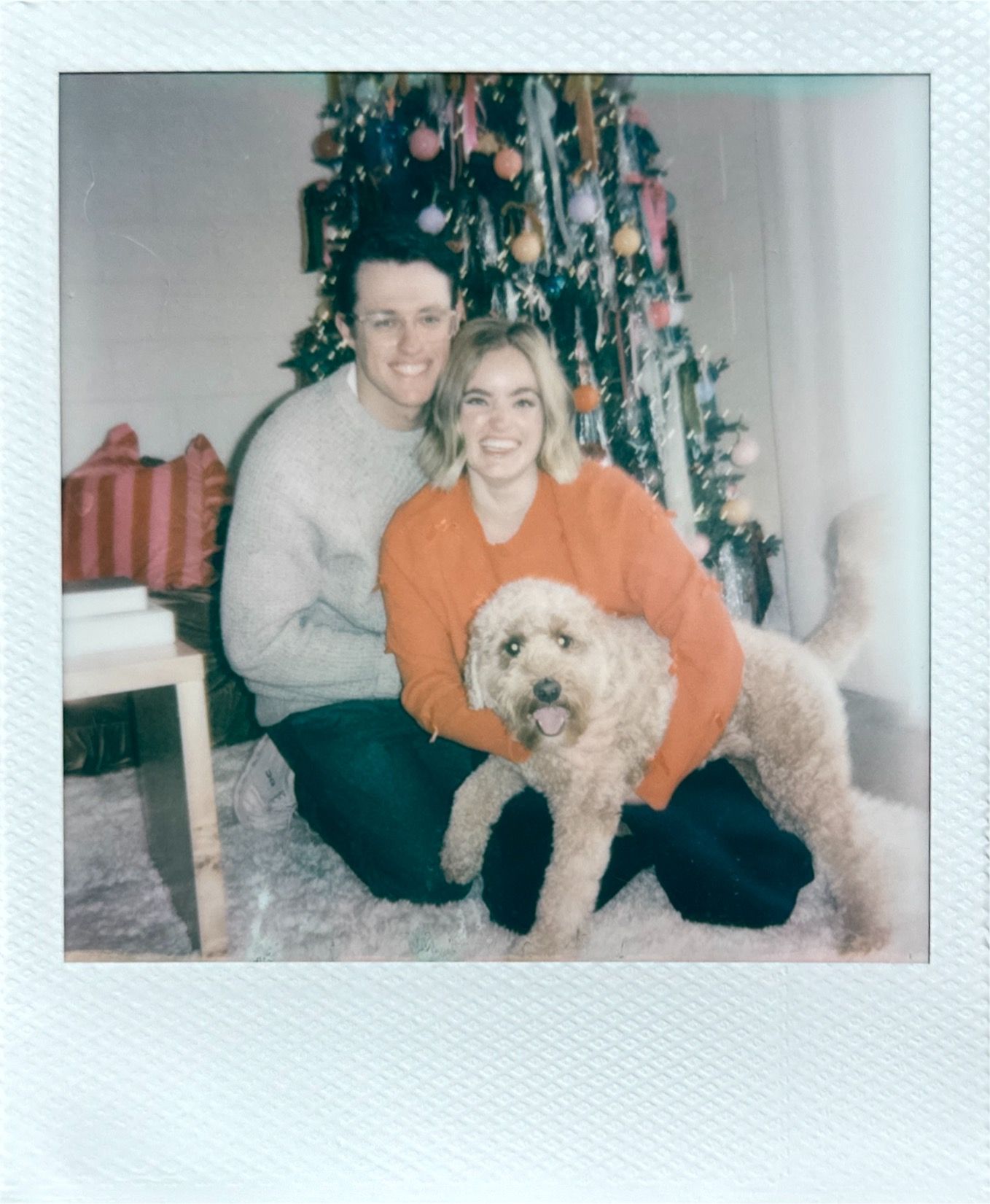 Two people sit on a floor with a small fluffy white dog near a decorated Christmas tree in a cozy living room setting.
