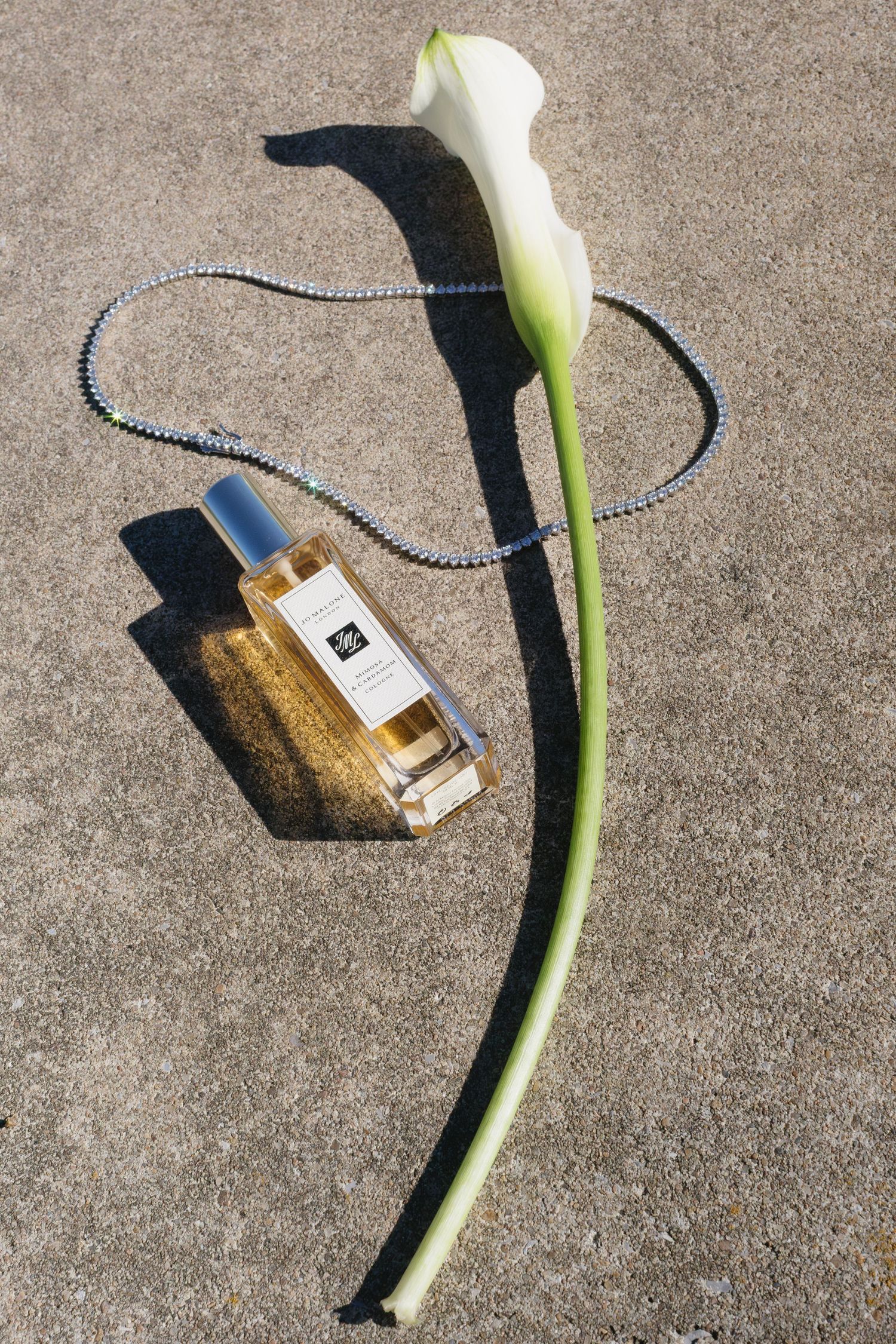 Wedding rings displayed artistically with a white calla lily stem against a textured gray background.
