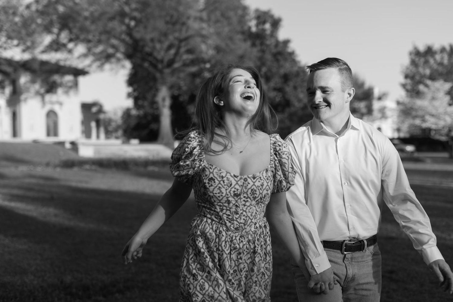 A series of candid shots showing a couple laughing together in an outdoor setting.