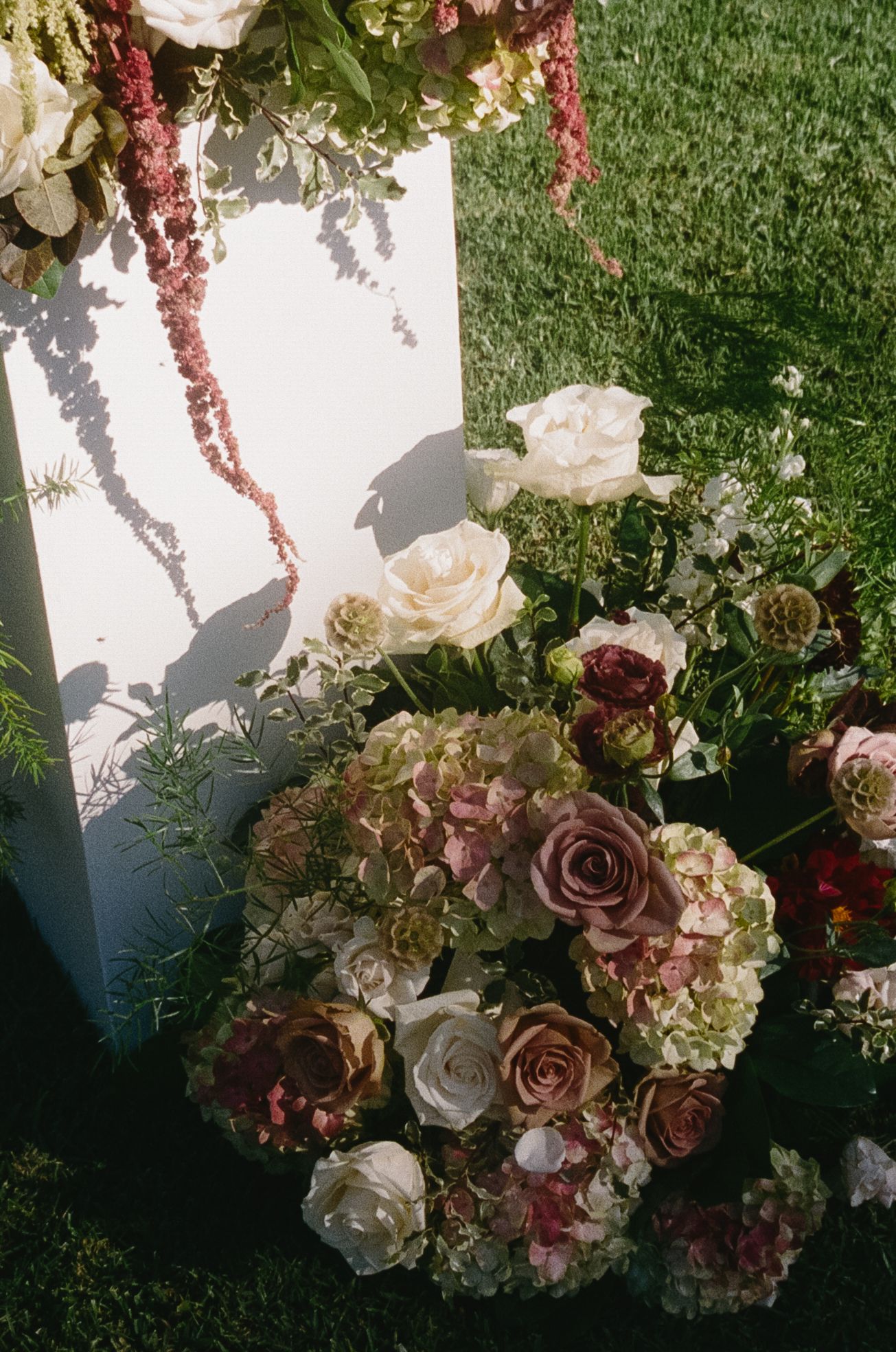 Romantic floral arrangement featuring dusty rose and white roses with hydrangeas against a sunlit garden backdrop.