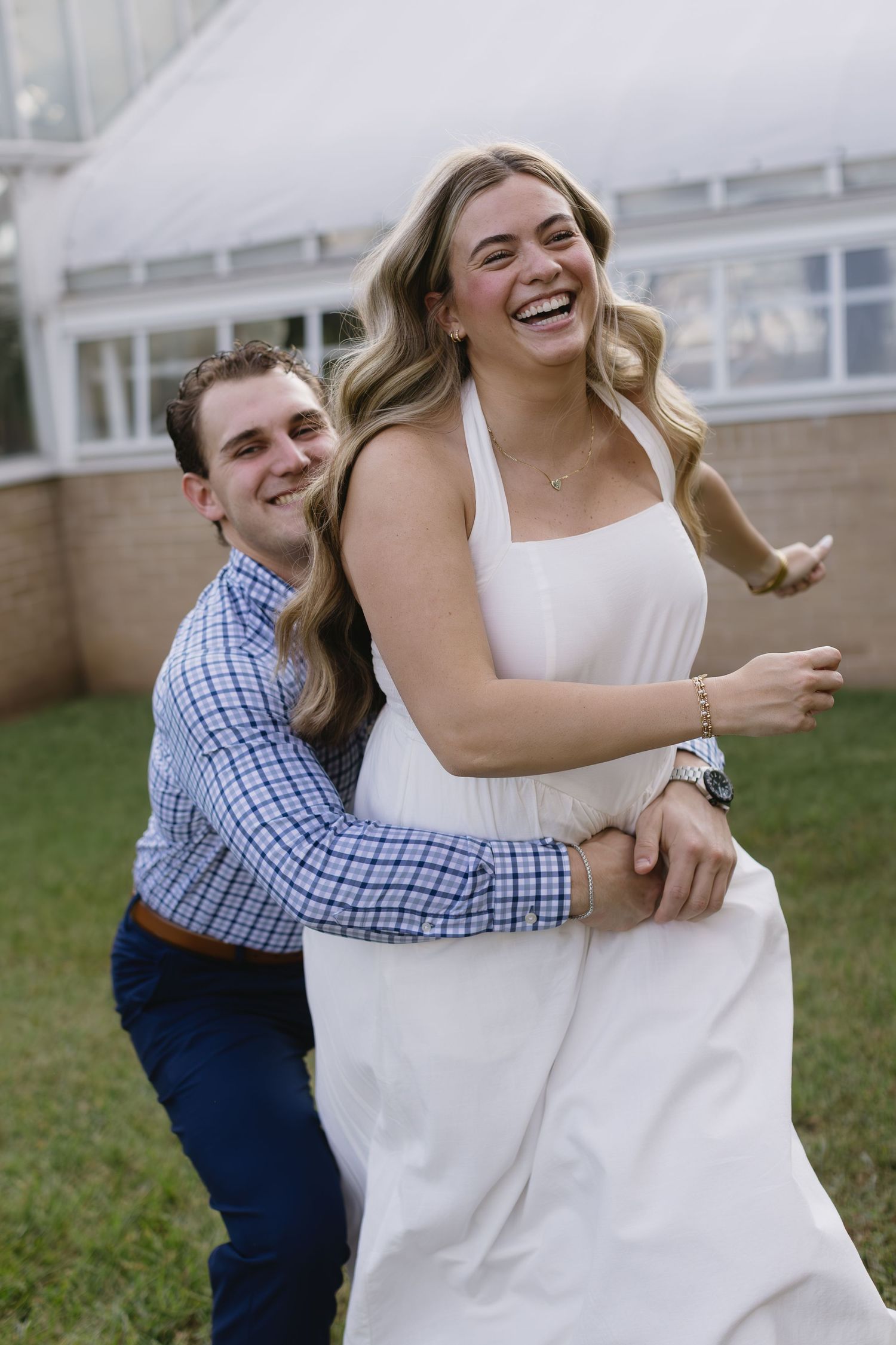 Candid moments of laughter and movement captured in a sequence of outdoor photos.