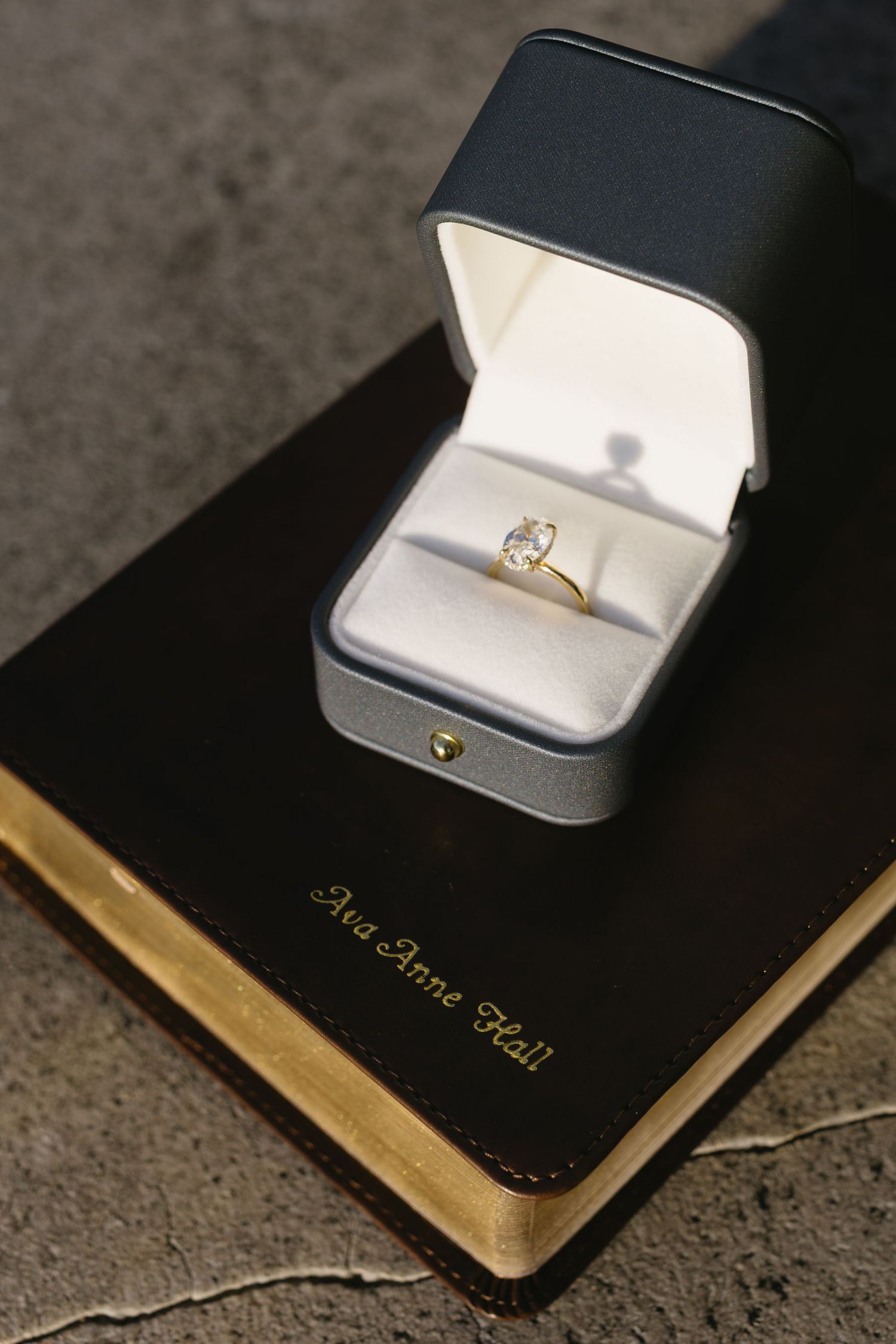 Diamond engagement ring in white box shown in sequence on black book surface with dramatic lighting.