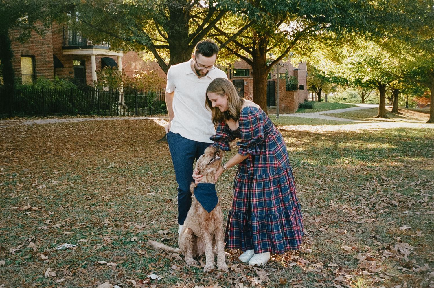 A couple sits together with their dog in a park during autumn as golden sunlight filters through the trees.