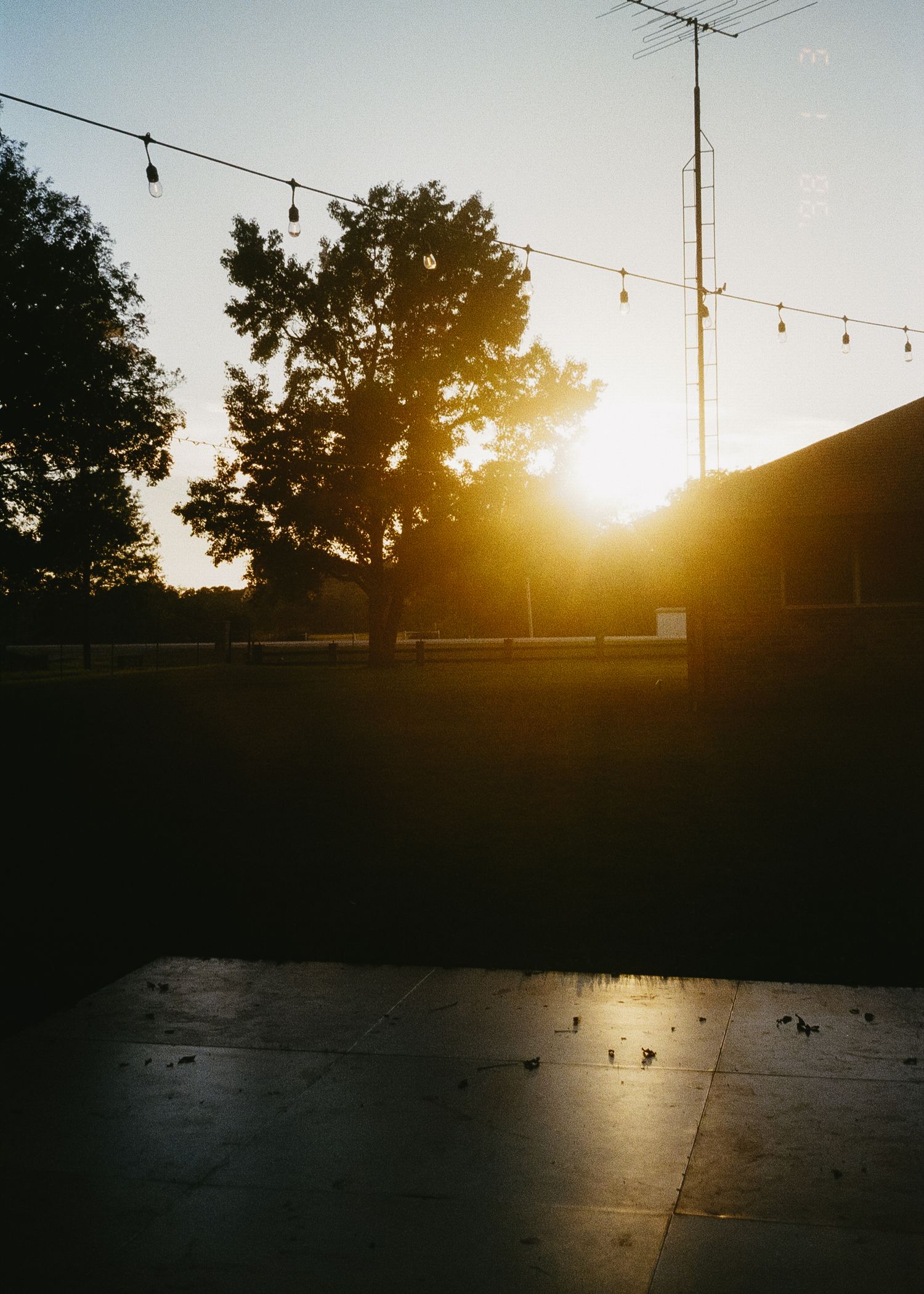 String lights hang over an empty outdoor dance floor at sunset with golden light filtering through trees.