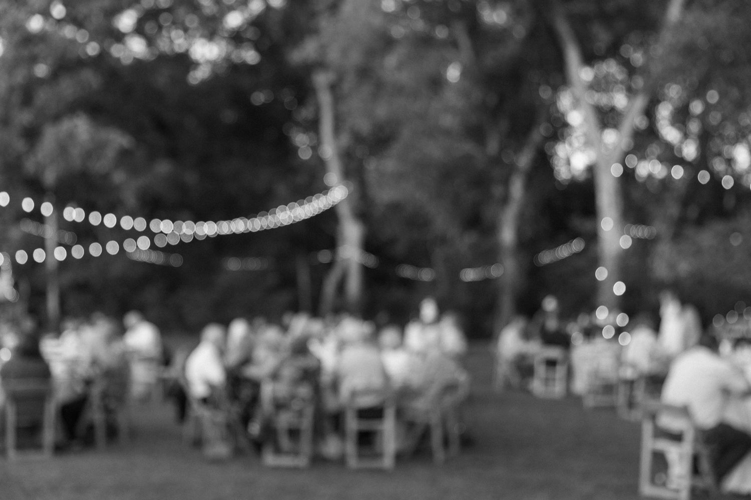 String lights create magical ambiance at outdoor evening wedding reception.